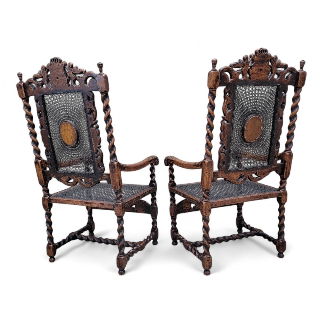 Antique French Jacobean/Renaissance Revival Carved Ornate Figural Throne Chairs - Pair