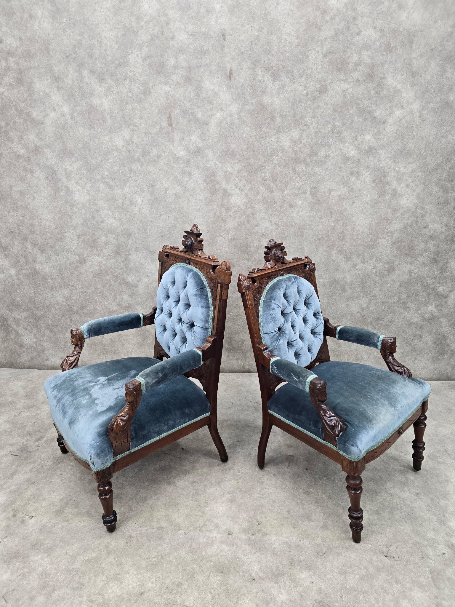 new - Antique Renaissance Revival Carved Chairs by John Jelliff - Set of 2