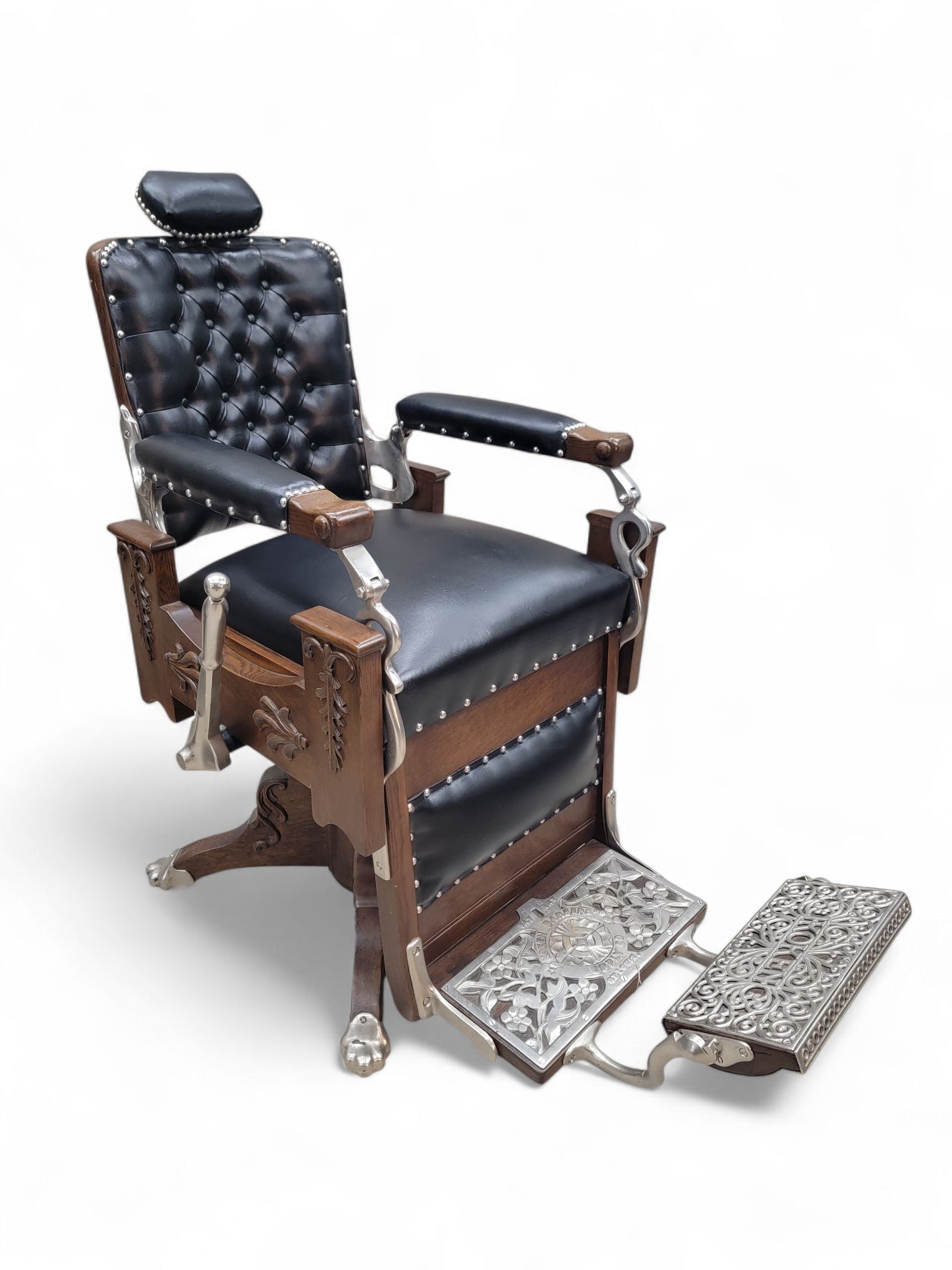 Antique Koken Restored Quartersawn Oak Barber Chairs in Black Leather – Set of 3