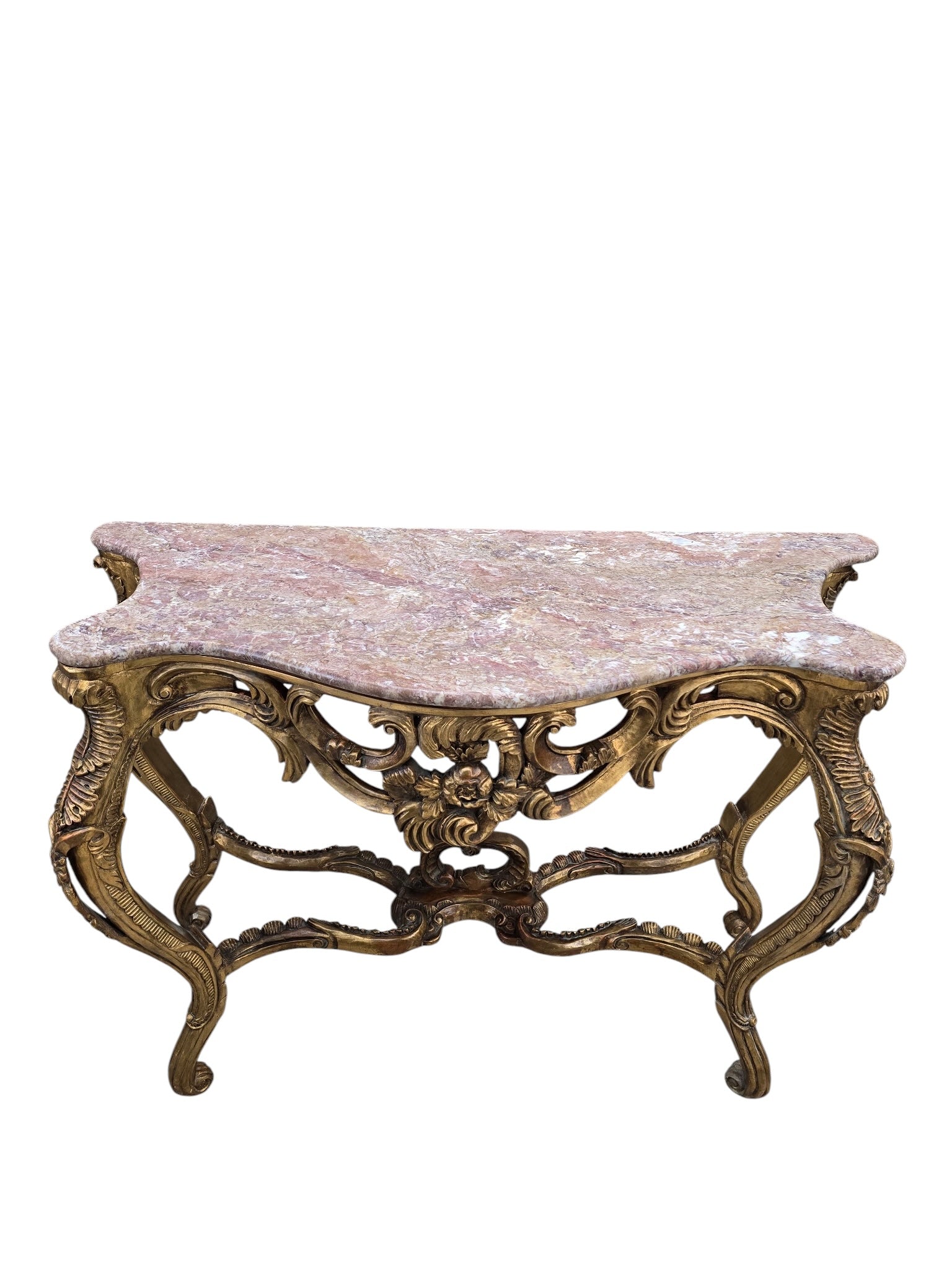 Antique Louis XV Style Carved Console Table with Pink Marble Top