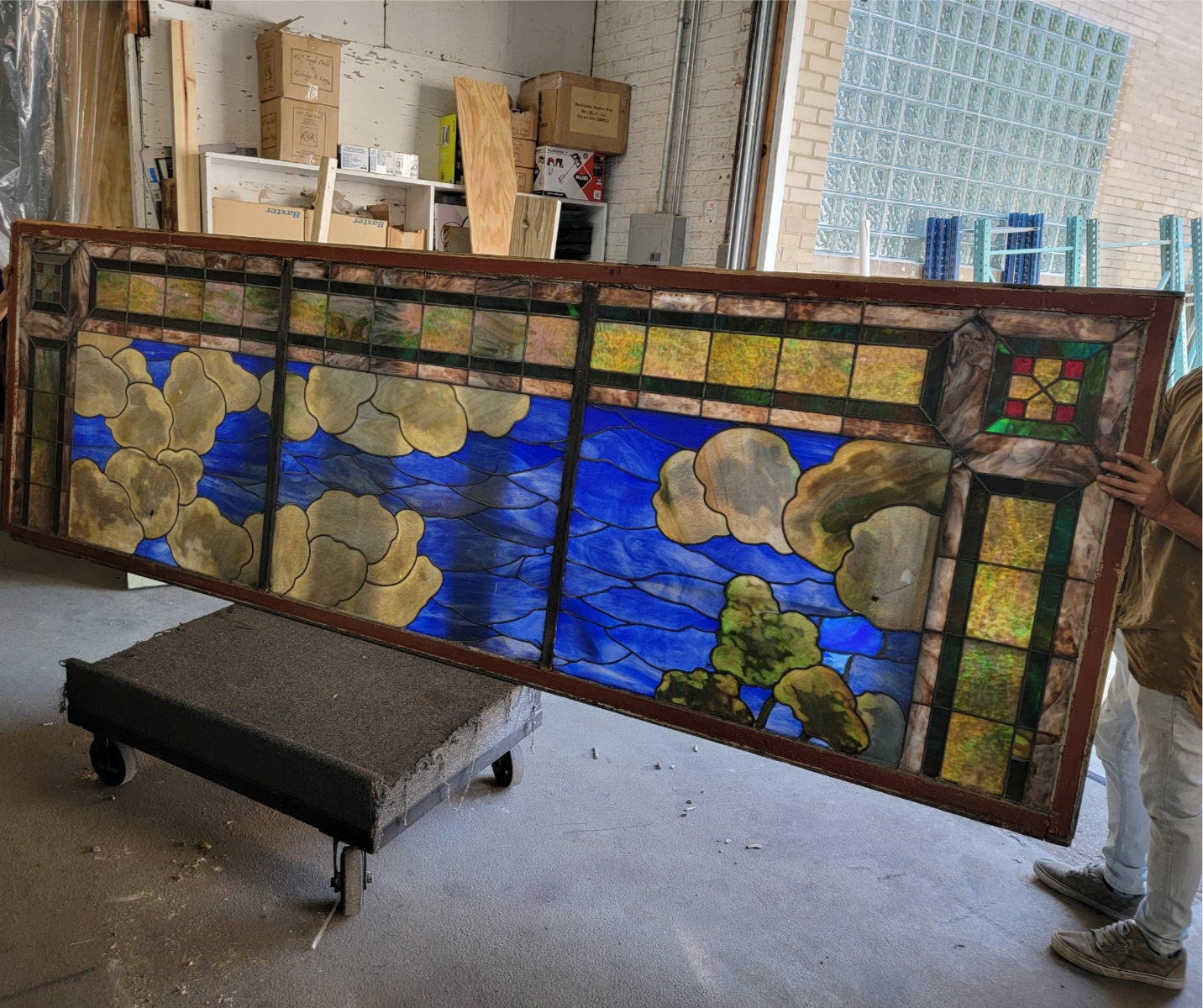 Antique Monumental Tiffany Style 2 Section Good Sheppard Salvaged Stained Glass Window