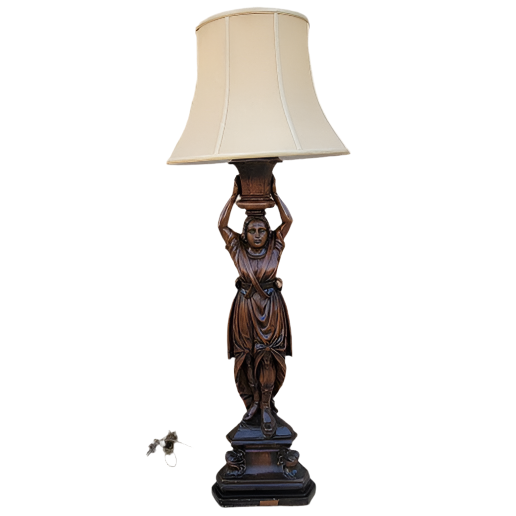Antique Carved Walnut Figural Lamp with Shade