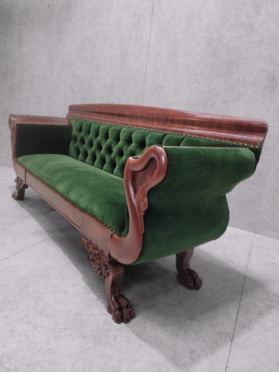 Antique Empire Style Swan Grecian Sofa Newly Upholstered in a Green Velvet