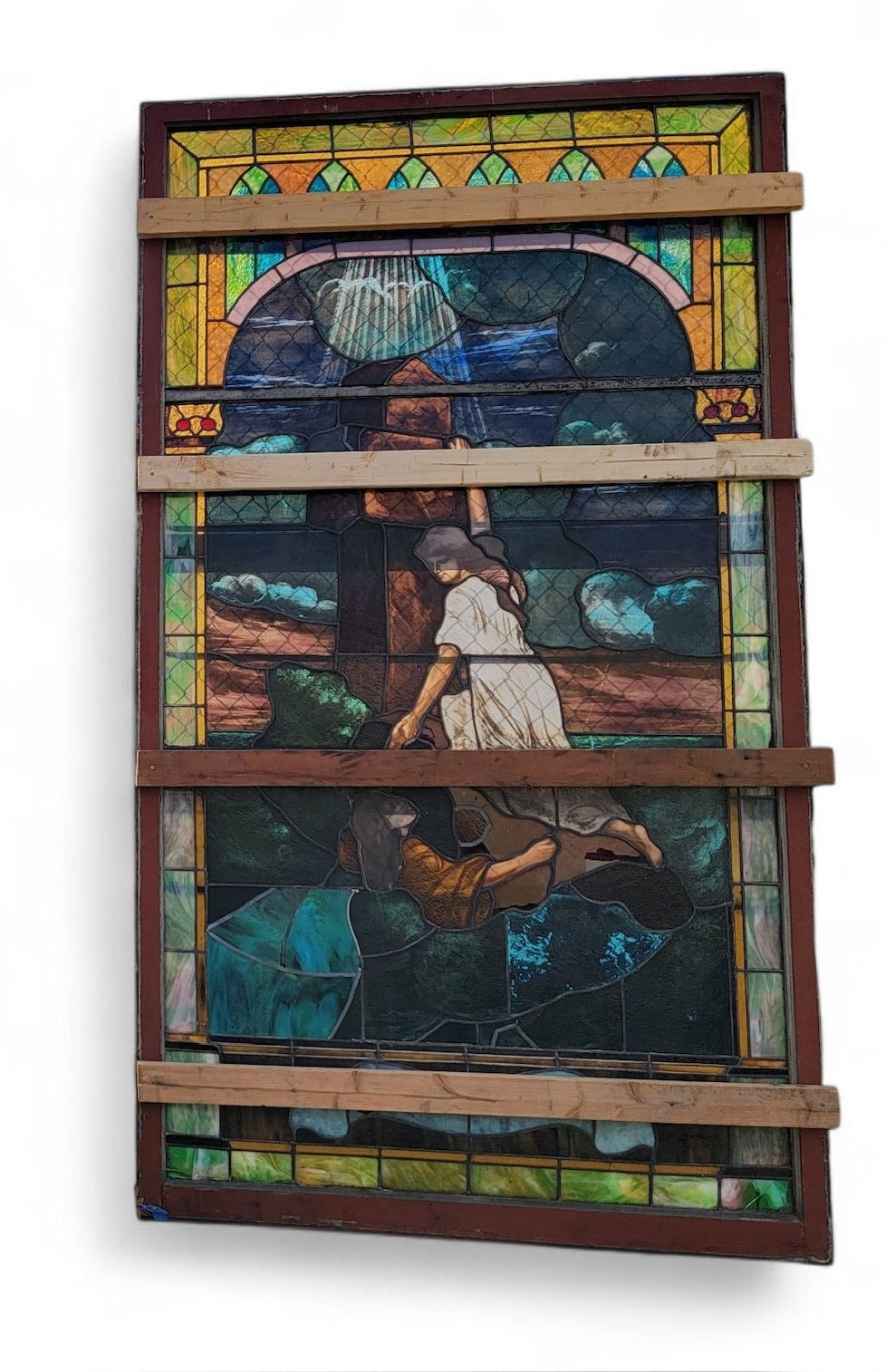 Antique Monumental Tiffany Style Salvaged “Heaven” Stained Glass Window