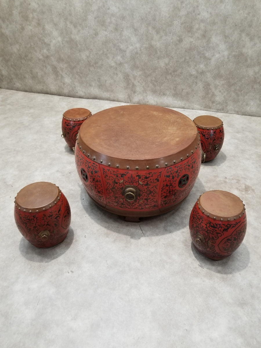 Vintage Asian Style Red Coromandel Drum Coffee/Side Table - Set of 5