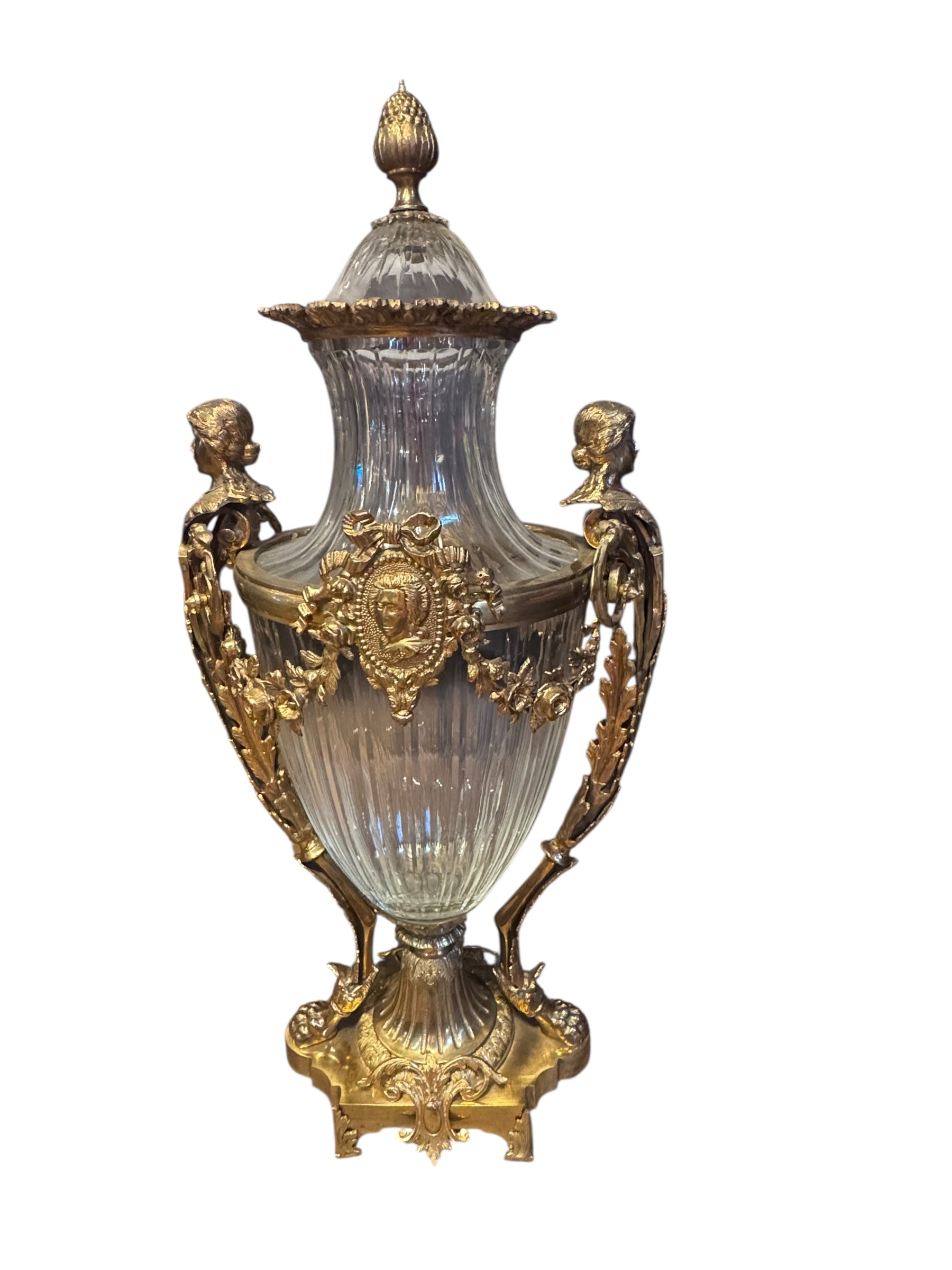 Antique French Gilt Bronze Diamond Cut Baccarat Crystal Urns Signed - Pair