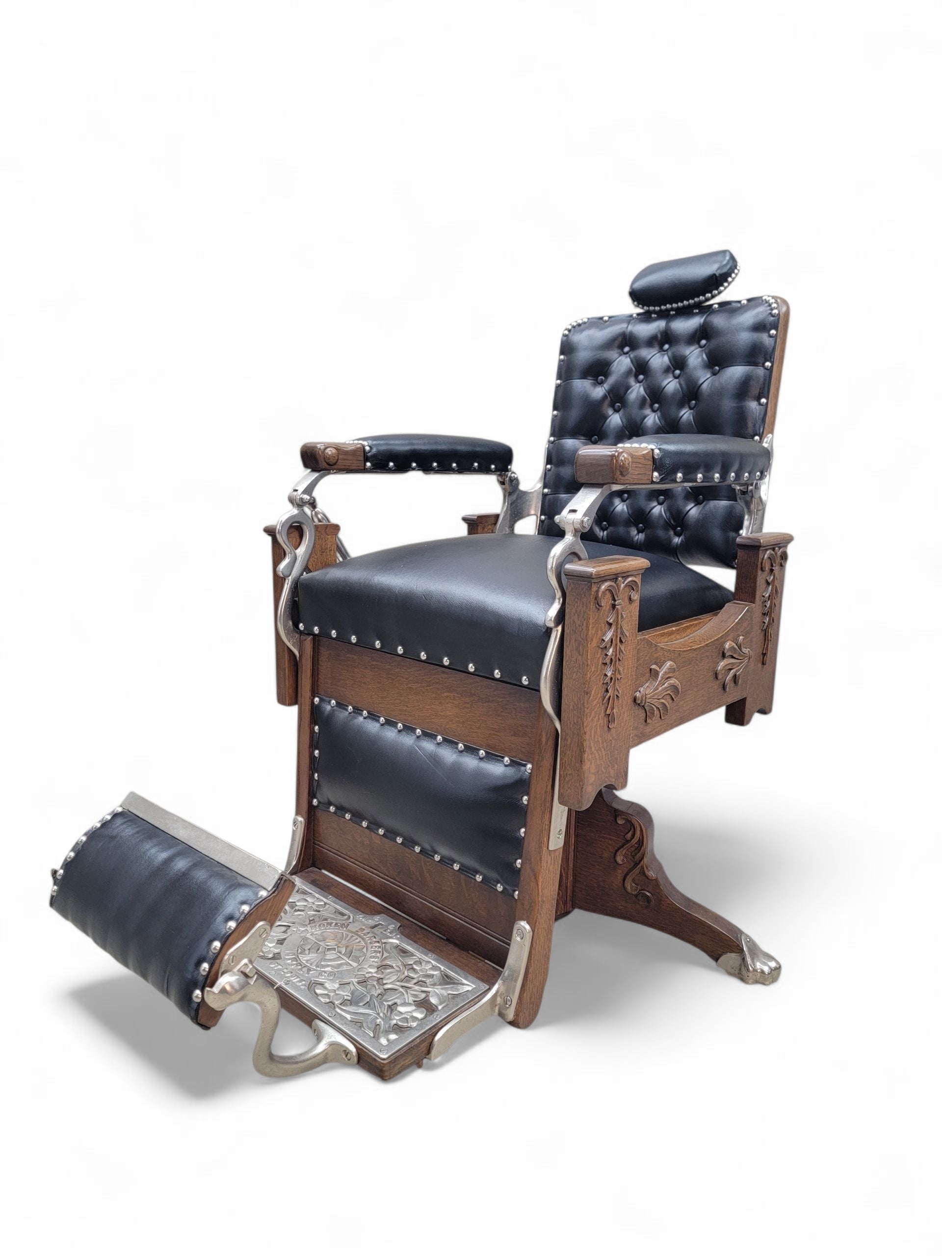 Antique Koken Restored Quartersawn Oak Barber Chairs in Black Leather – Set of 3