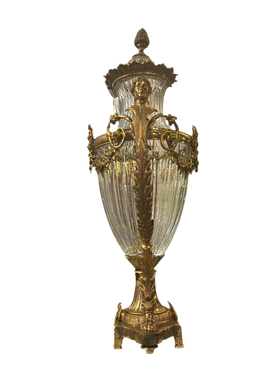 Antique French Gilt Bronze Diamond Cut Baccarat Crystal Urns Signed - Pair