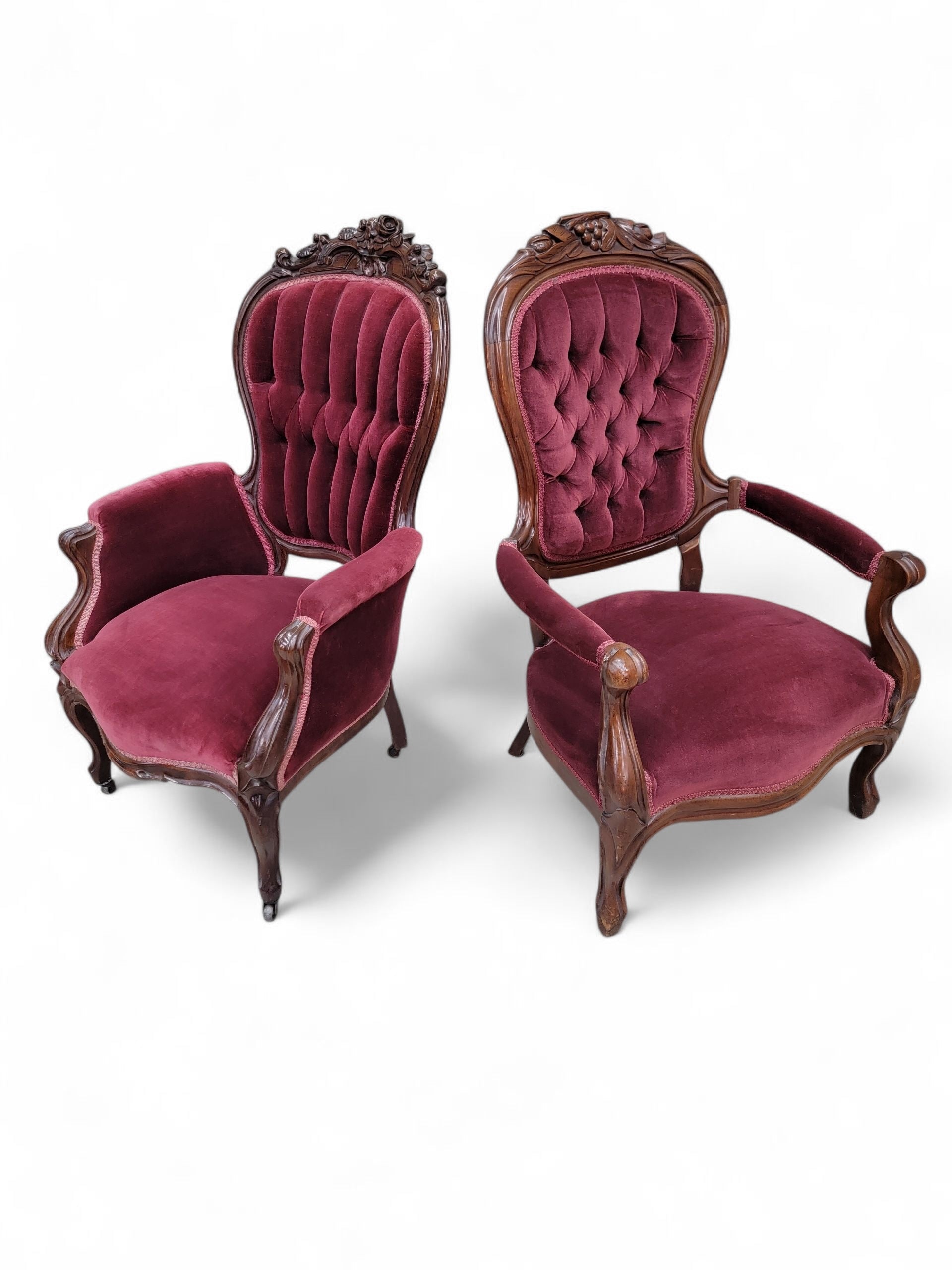 Antique Victorian Rococo Revival Style Carved Tufted Parlor Chairs – Set or 2