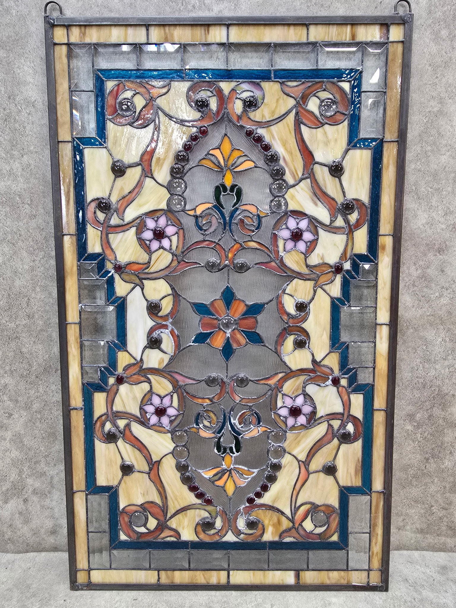 Antique Multi Color Floral Stained Glass Window - Pair