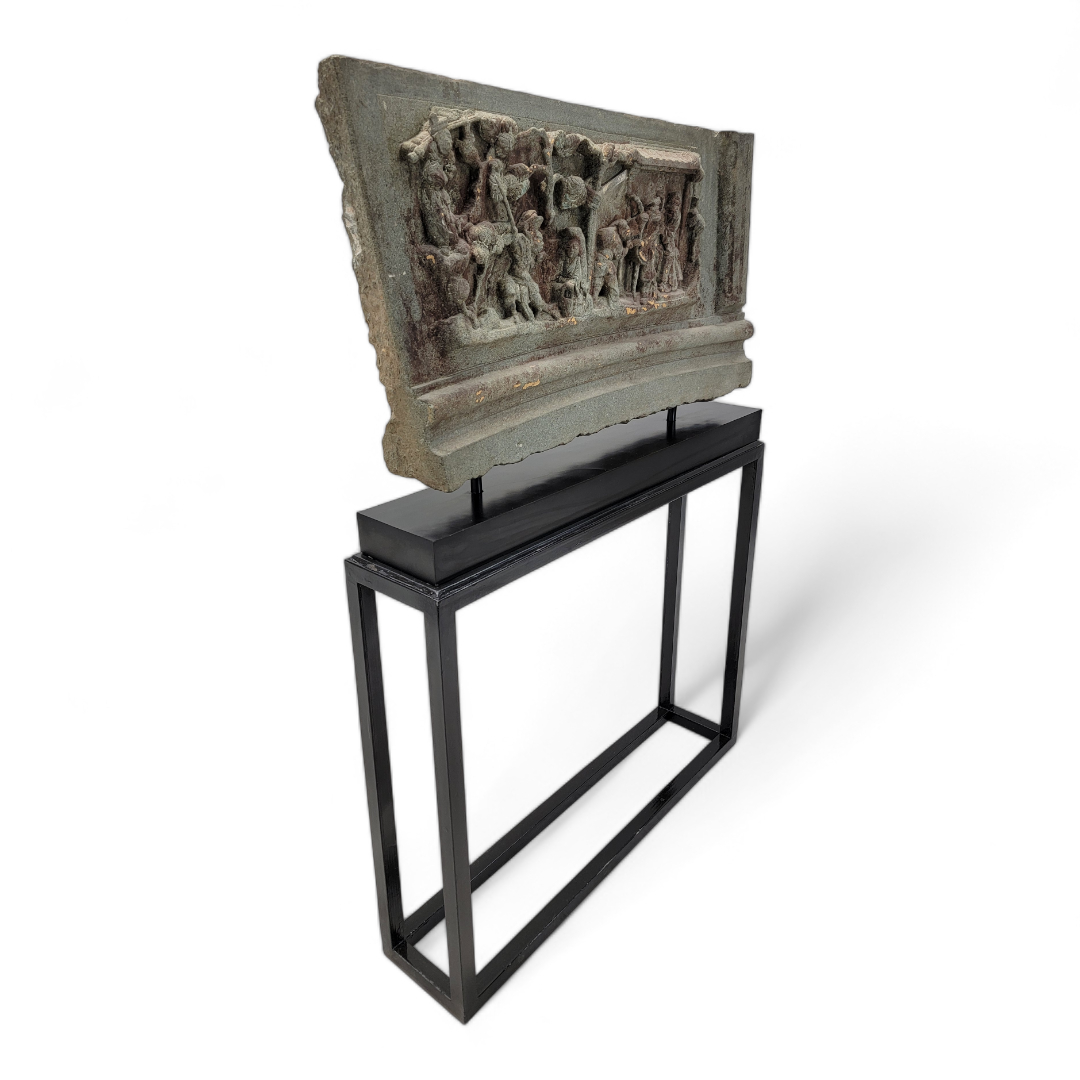 16th Century Chinese Hand Sculpted Grey Stone Panel with Stand