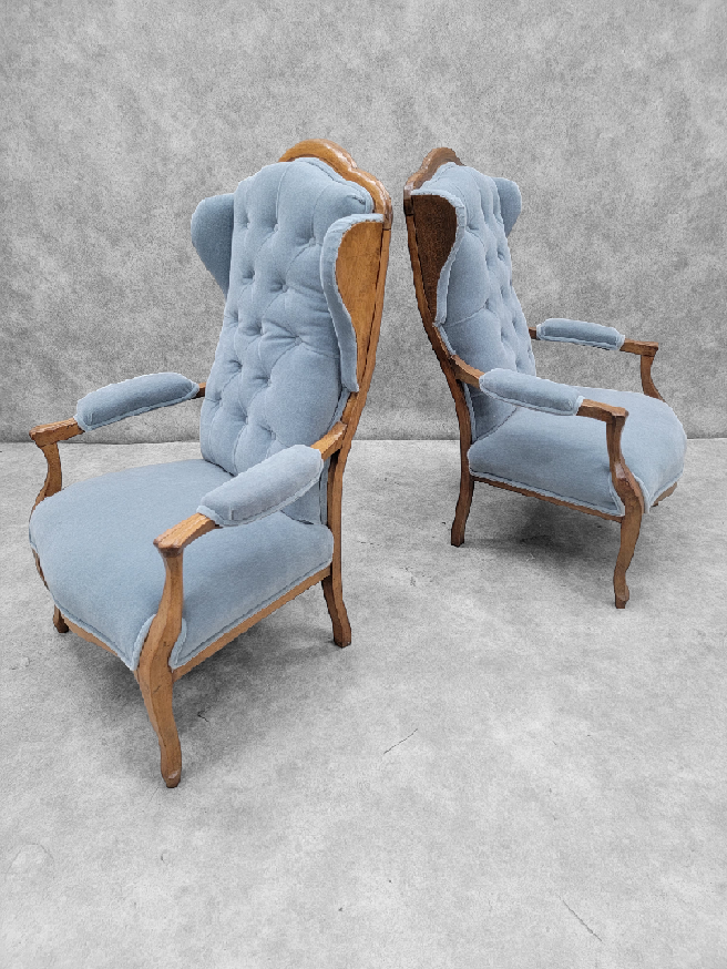 Vintage French Country Biedermeier Style Tufted Back Wingback Armchairs Newly Upholstered in Mohair - Pair