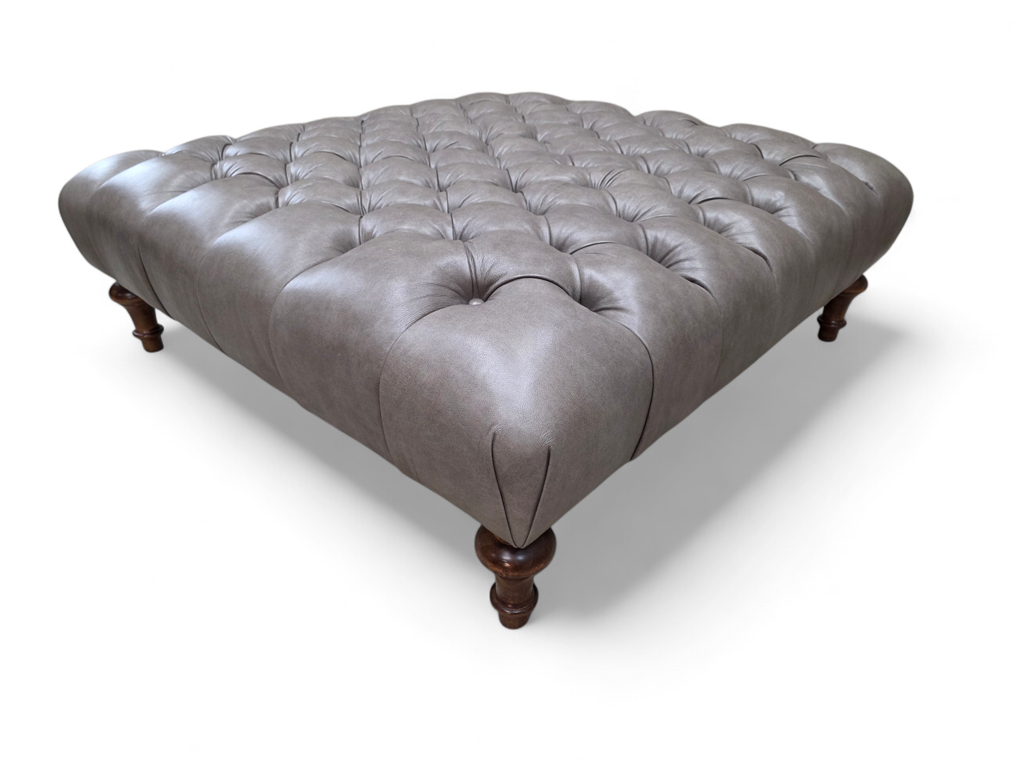 Vintage Chesterfield Style Tufted Gray Leather Ottoman