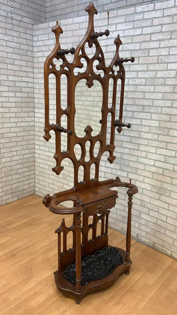 Antique Gothic Hand Carved Mahogany Hall Tree Coat Rack and Umbrella Stand