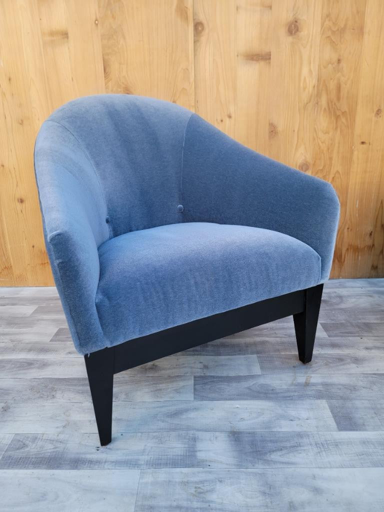 Vintage Modern Deco Curved Settee and Barrel Back Lounge Chair by Interior Crafts Newly Upholstered in a Plush "Ice-Blu" Italian Mohair - 2 Piece Set