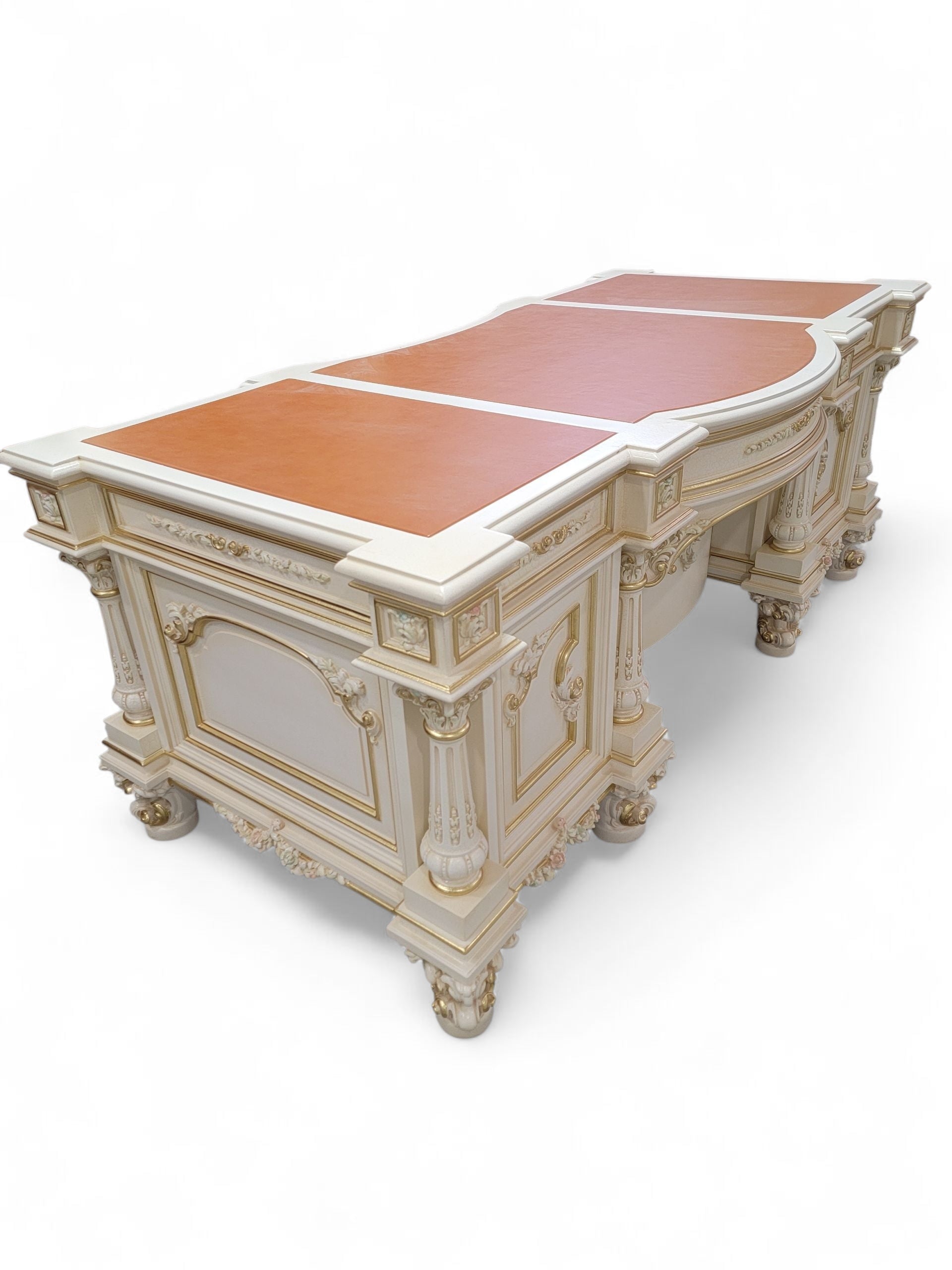 Vintage Custom Venetian Antique Rococo Style Antique White Carved Executive Desk