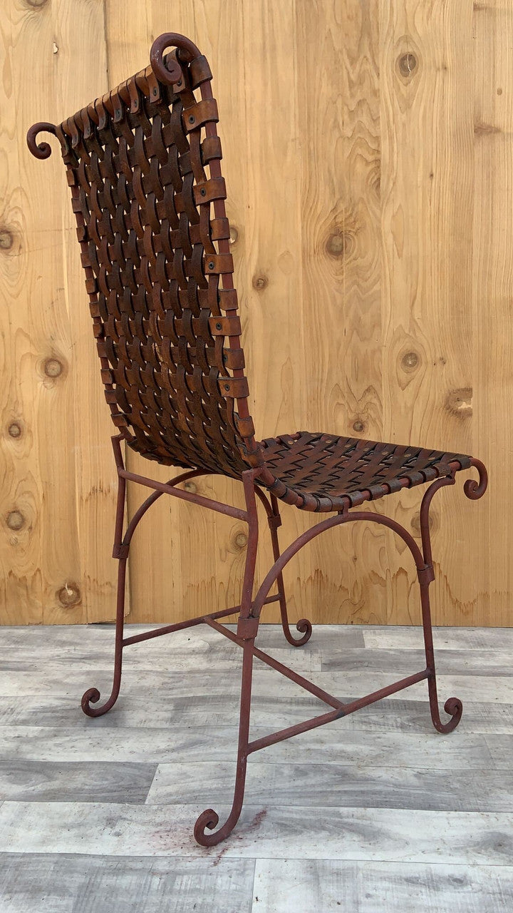 Vintage Italian Hand Forged Wrought-Iron Woven Leather Side Chairs - Pair