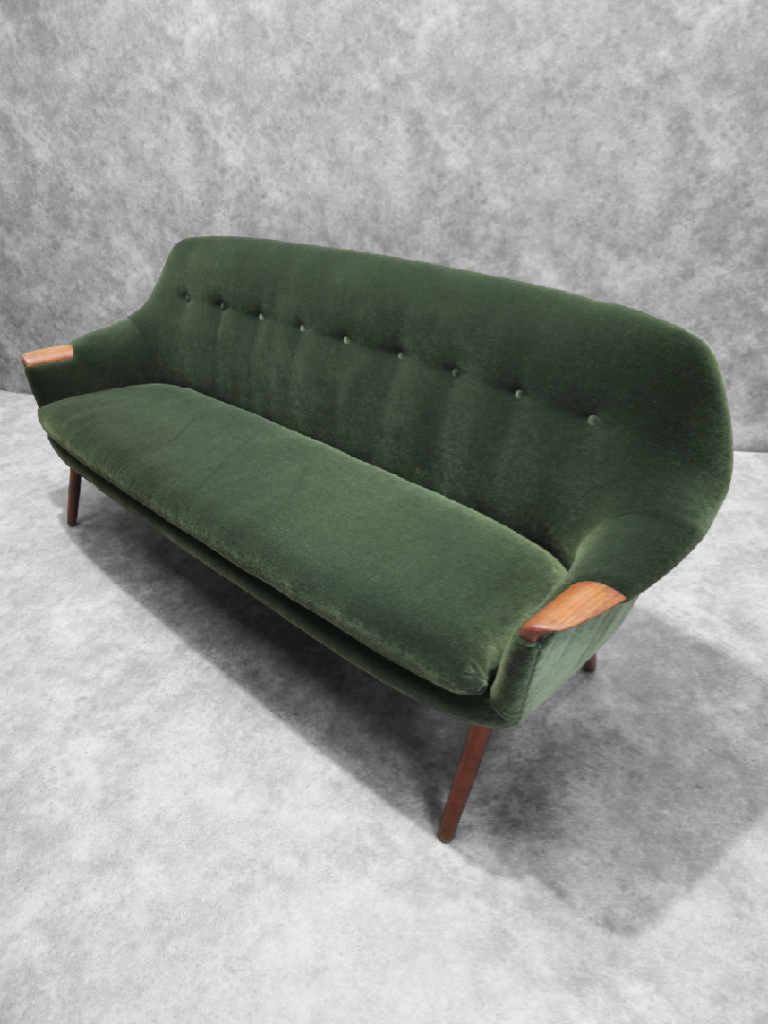 Mid Century Modern Danish Hans Olsen Style Sofa Newly Upholstered in a “Hunter-Mist” Italian Mohair