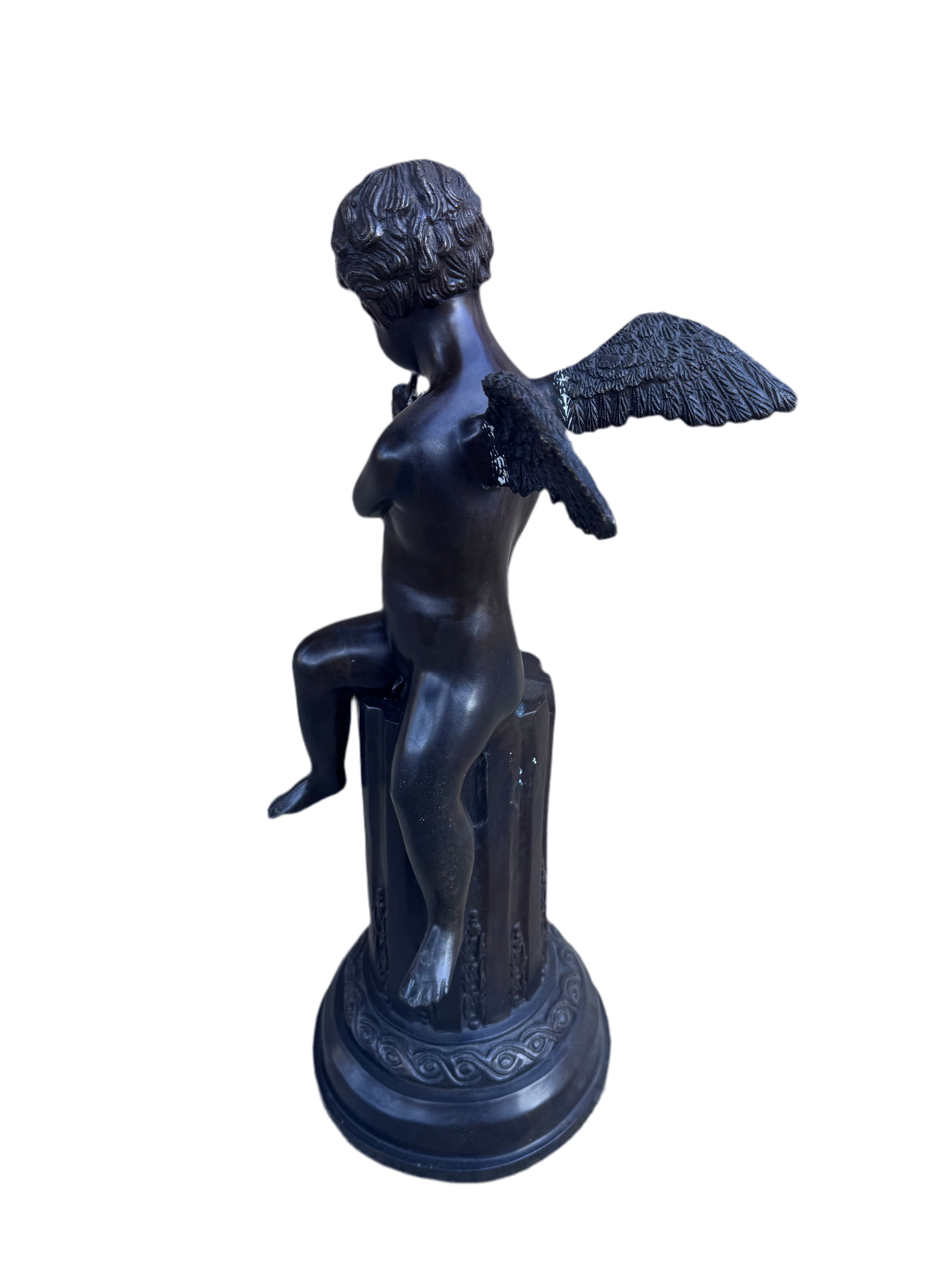Antique Bronze Cherub on Pedestal Playing The Flute Sculpture Attributed to French Artist Auguste Moreau