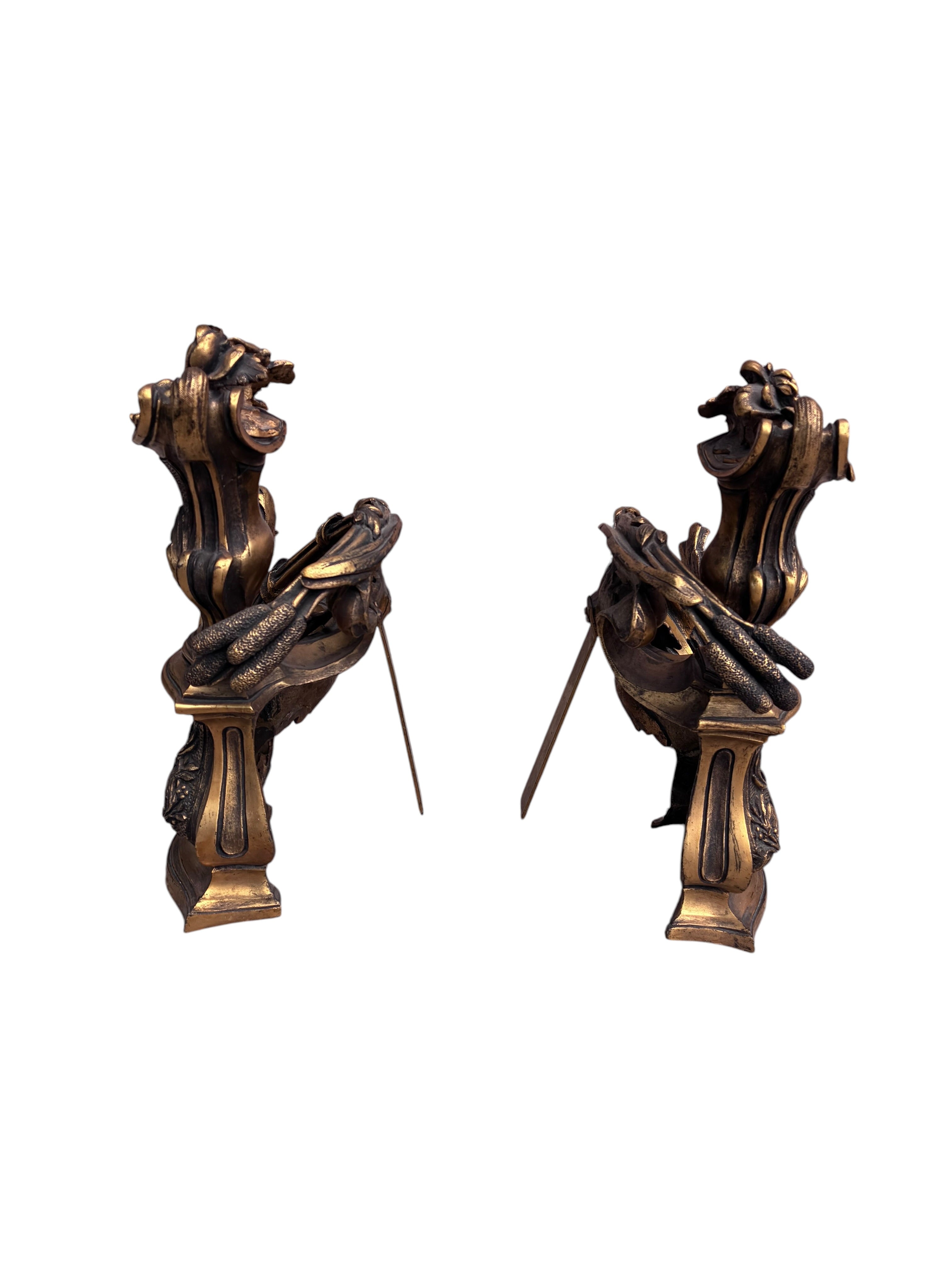 Antique French Rococo Revival Bronze Chenets Andirons – Pair