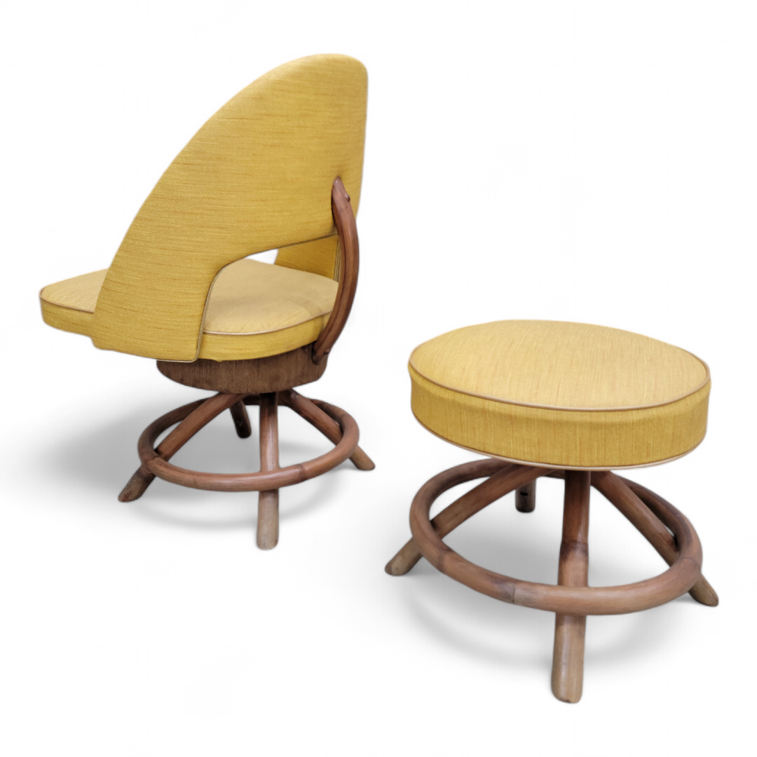 Mid Century Modern Saarinen Style Rattan Swivel Base Chair and Ottoman - 2 Piece Set