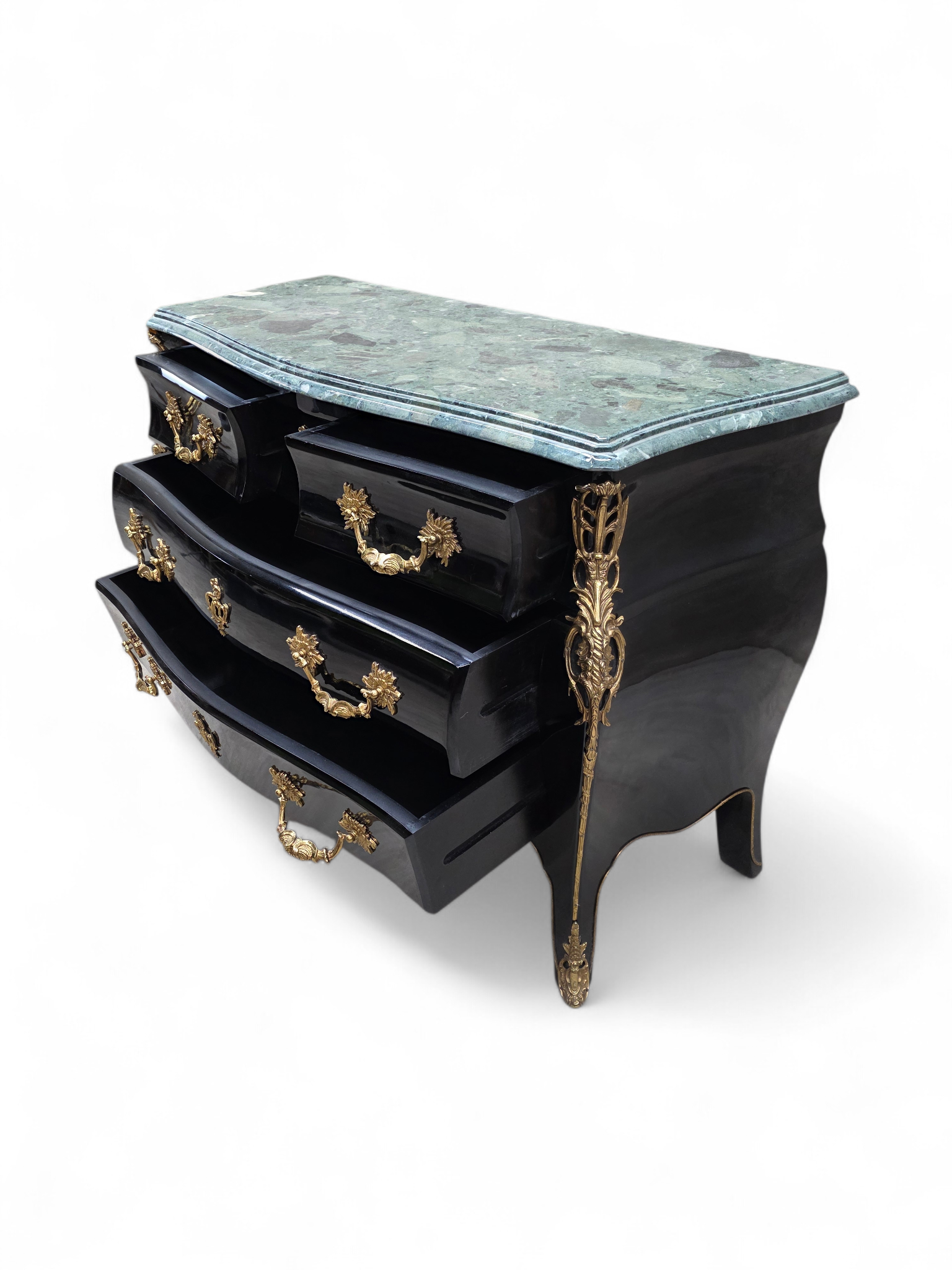 Vintage French Louis XV Style Black Lacquer Bombe Commode