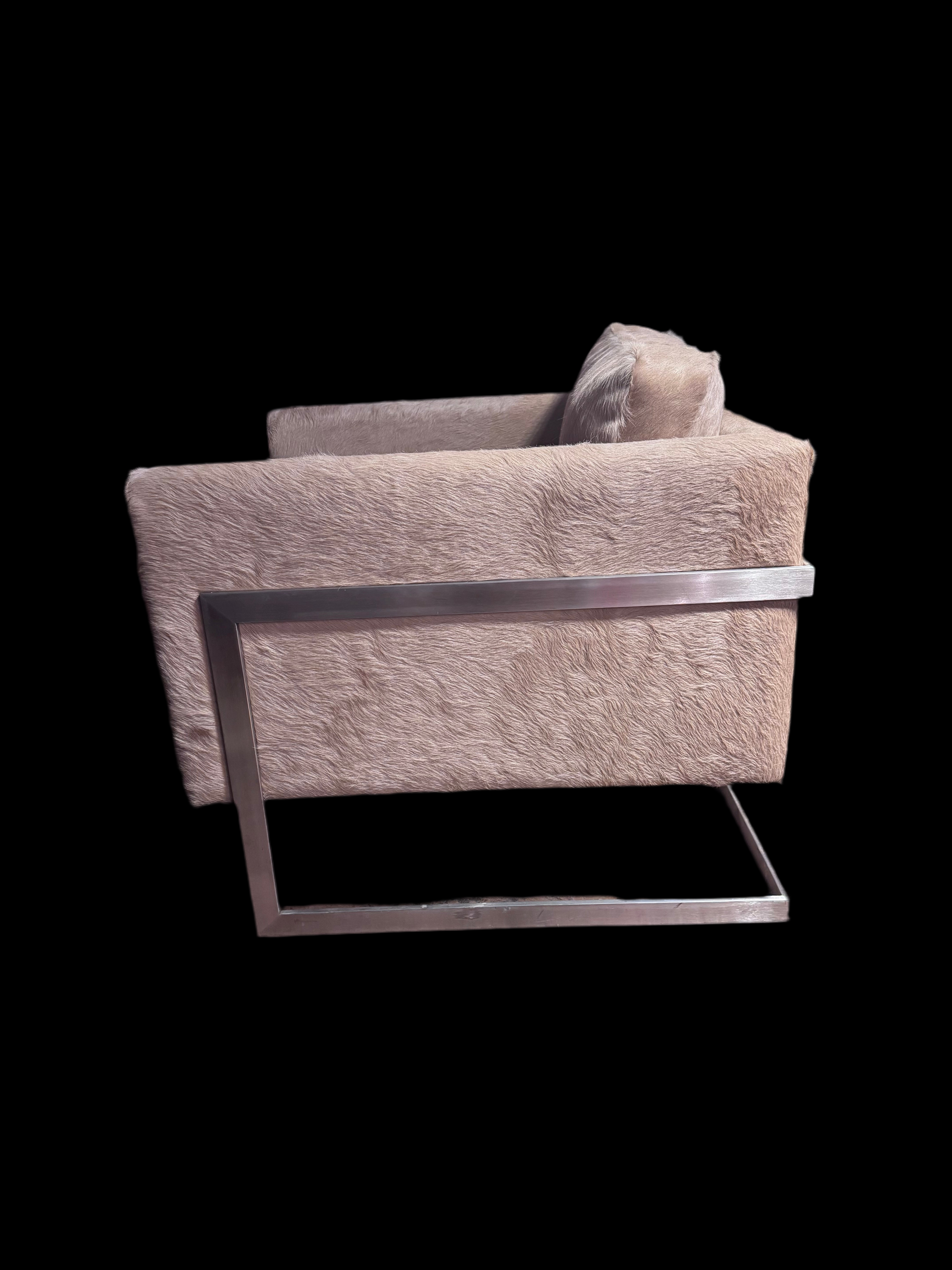 Mid Century Modern Milo Baughman T-Back Floating Cube Chair Newly Reupholstered in Cowhide