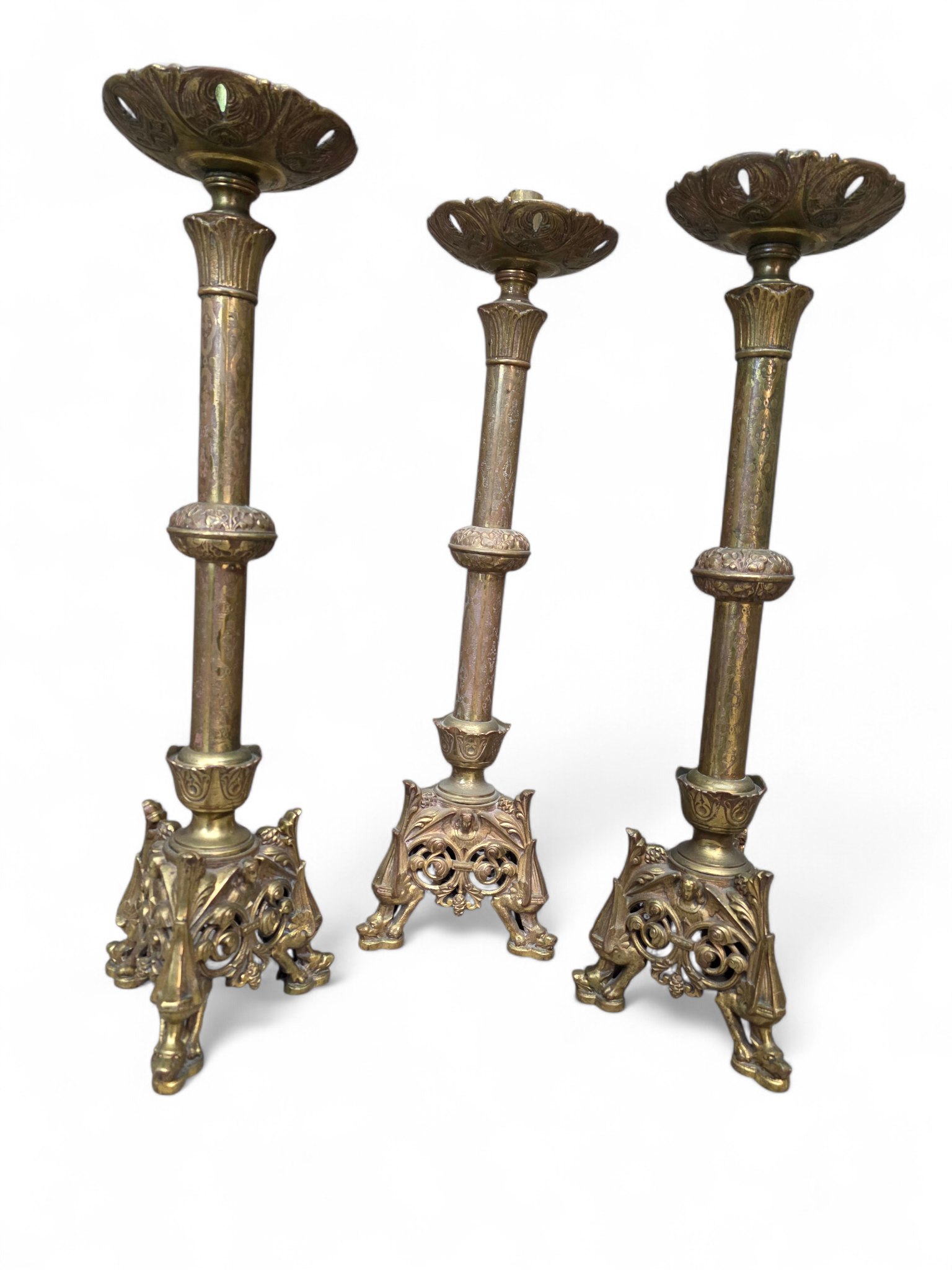New - Antique French Rococo Revival Brass Altar Candlesticks, Set of Three