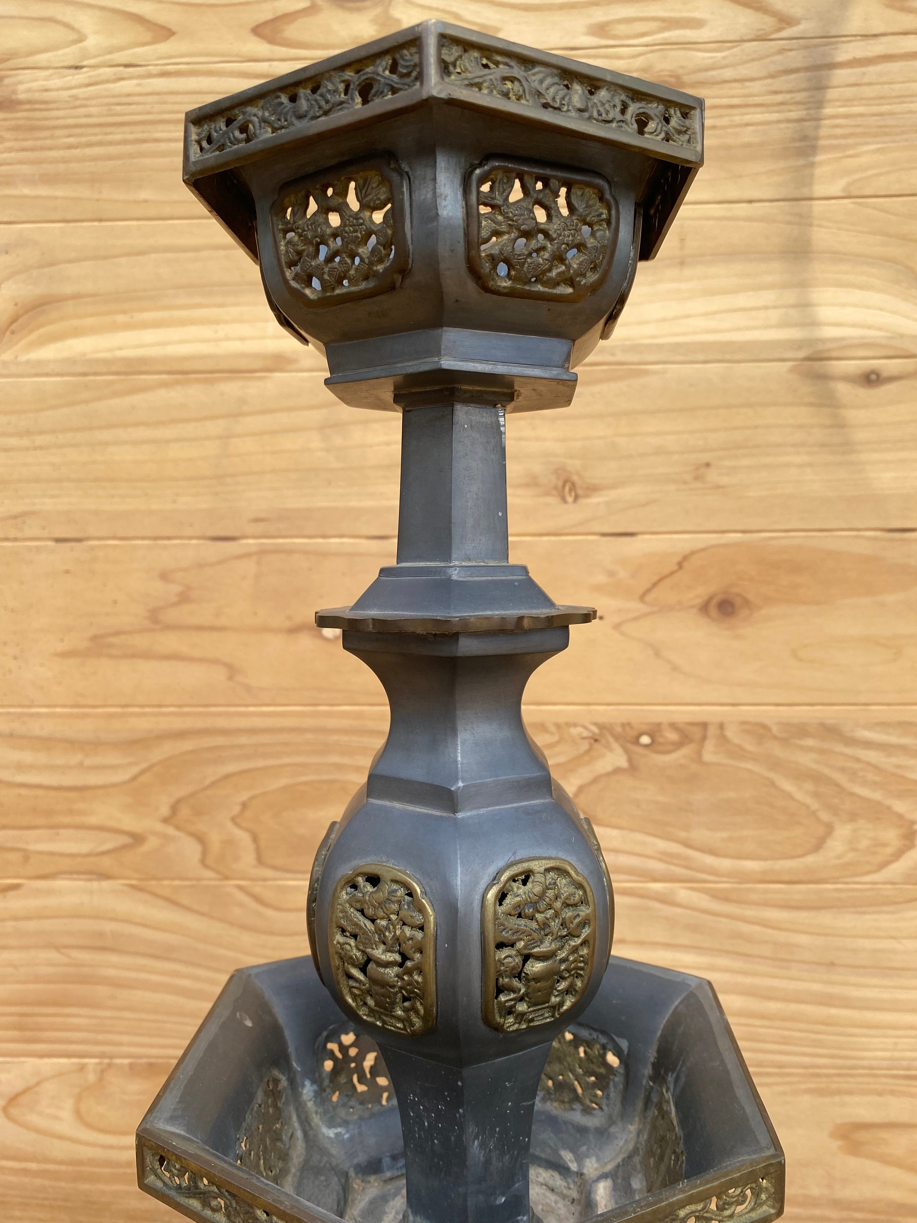 Vintage Pewter and Gilt Chinese Temple Candlesticks - Pair