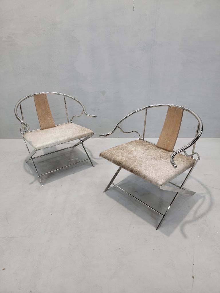 Vintage Ming Style Horseshoe Back Armchairs with Stainless Steel Frame and Newly Upholstered Seats in Cow Hide - Pair