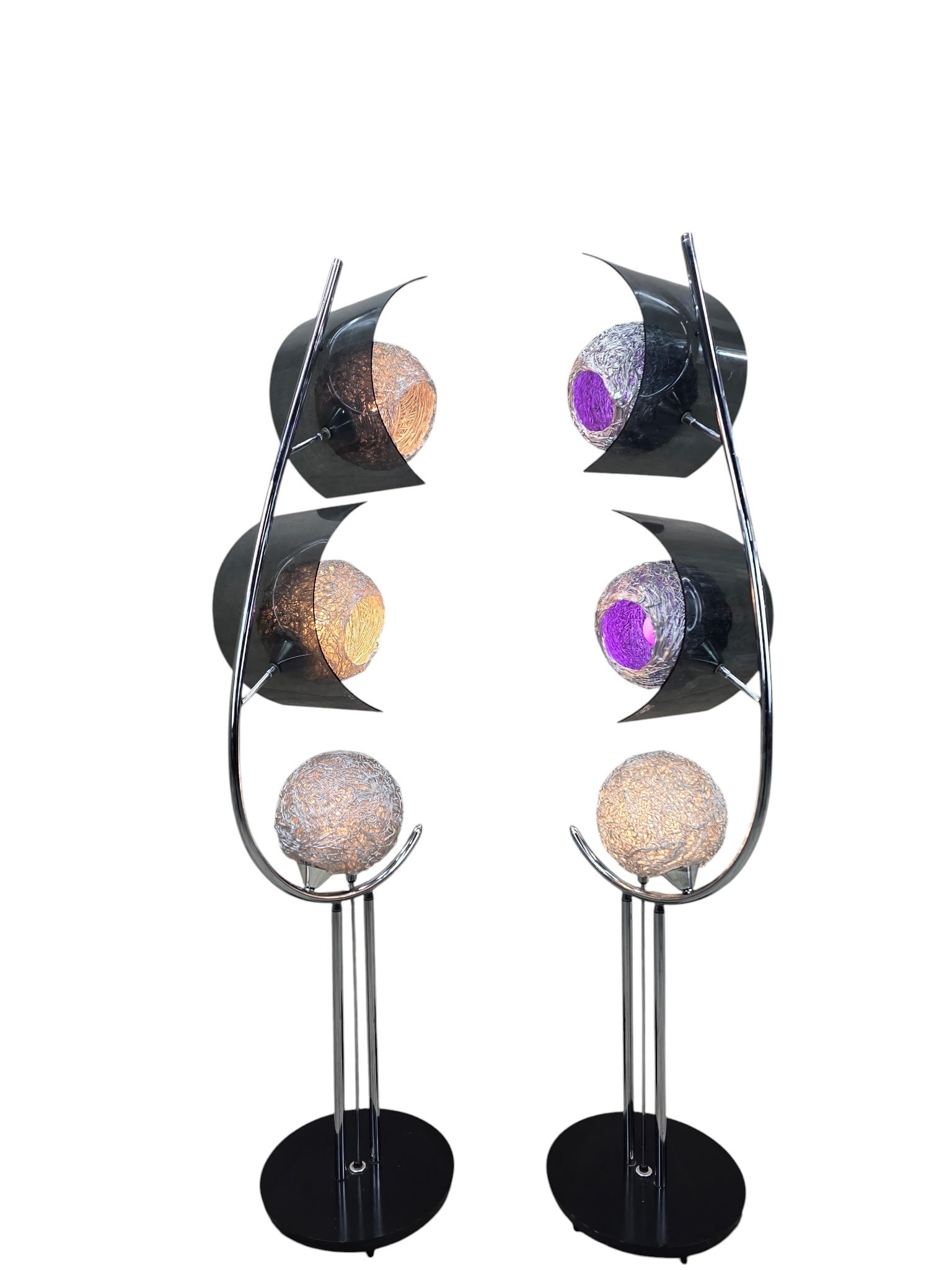 MCM Chrome Triple Light Lamps with Metal Spaghetti Shades – Pair