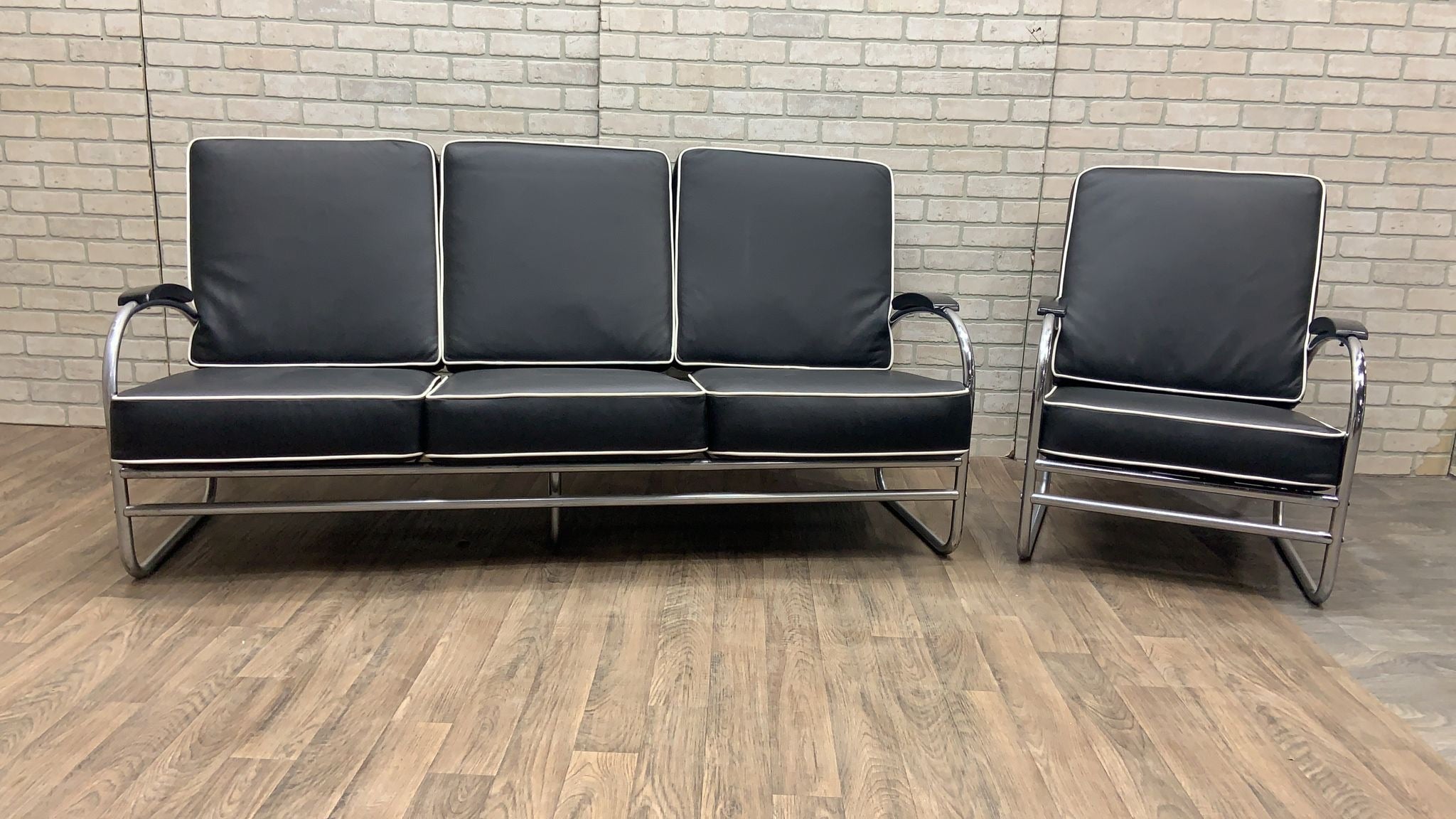 Art Deco Tubular Sofa & Lounge Chair by Kem Weber Newly Reupholstered