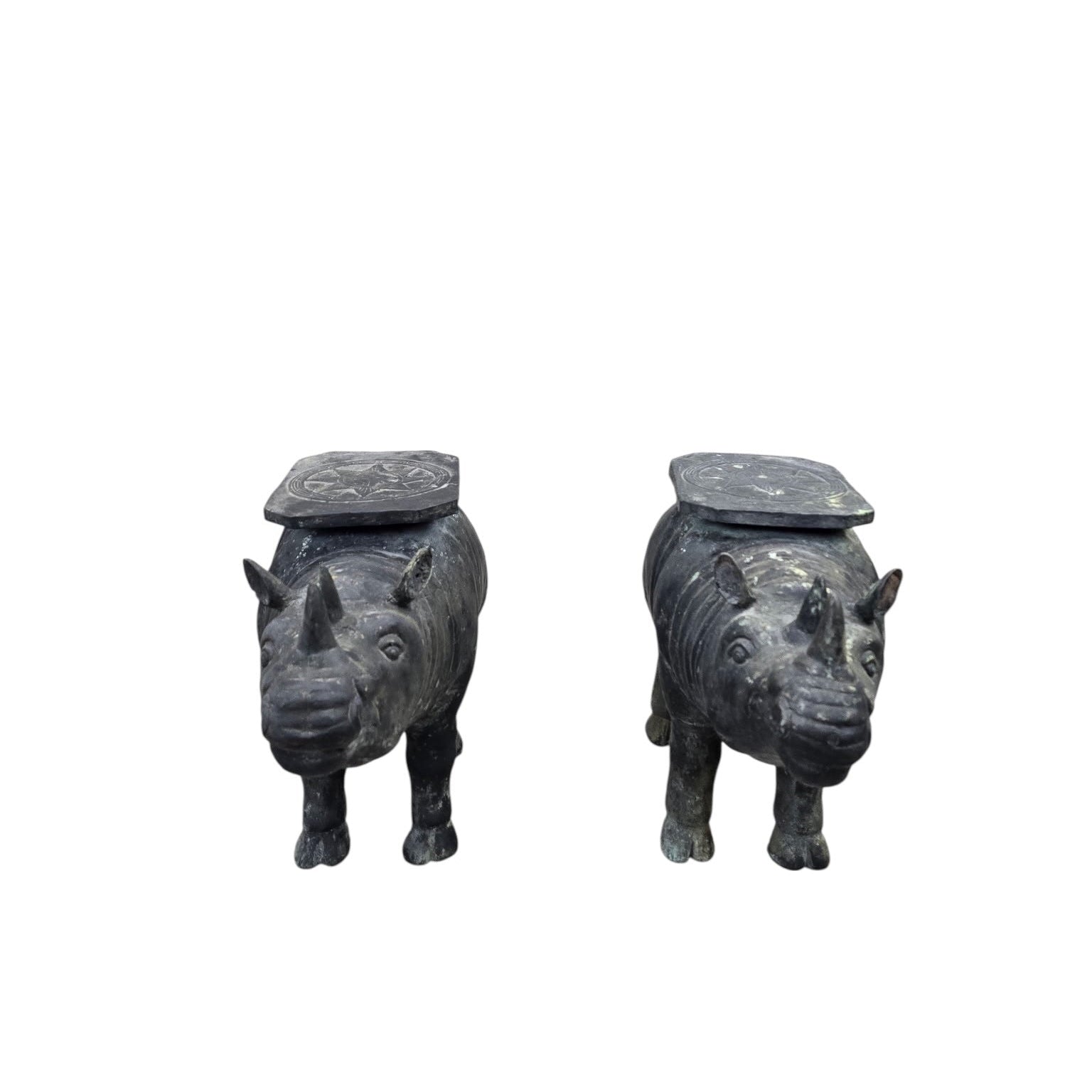 Antique Balinese Hammered Bronze Rhino Plant Stands / Cocktail Tables – Set of 2