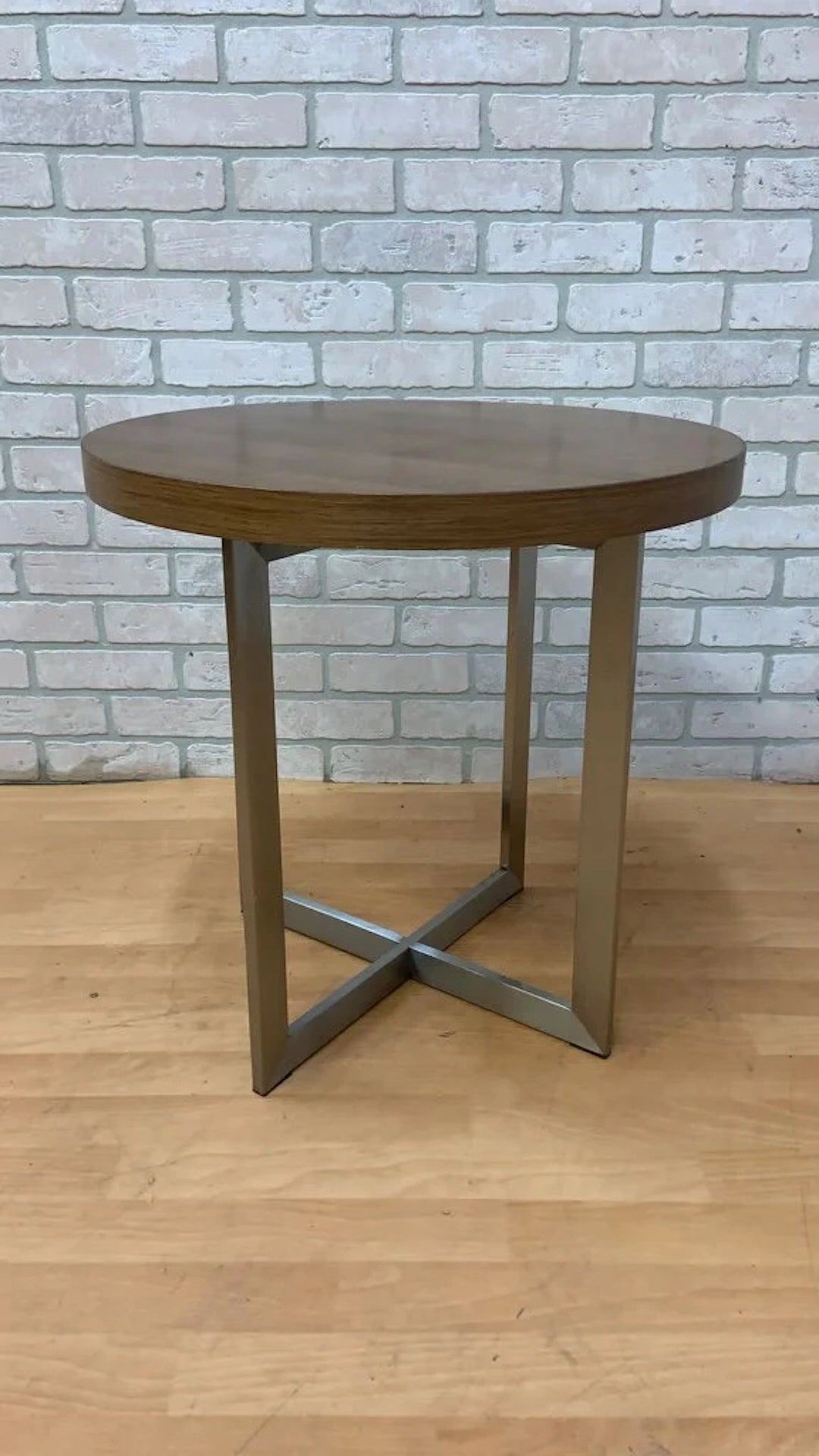 Vintage Milo Baughman Style Round Teak and Chrome Side/End Table