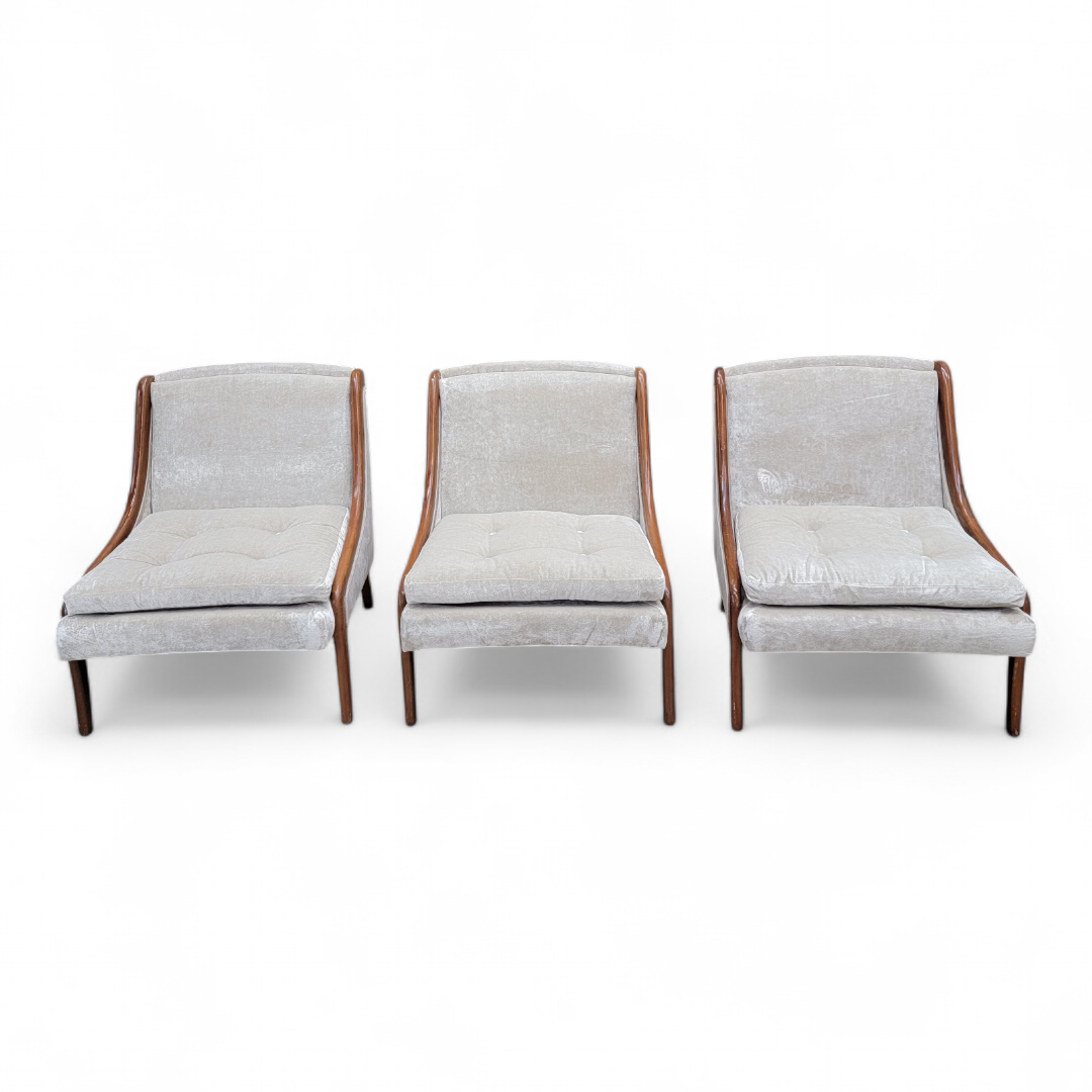 Mid Century Modern Ben Seibel Slipper Chairs Set Newly Upholstered in Velvet - 3 Piece Set