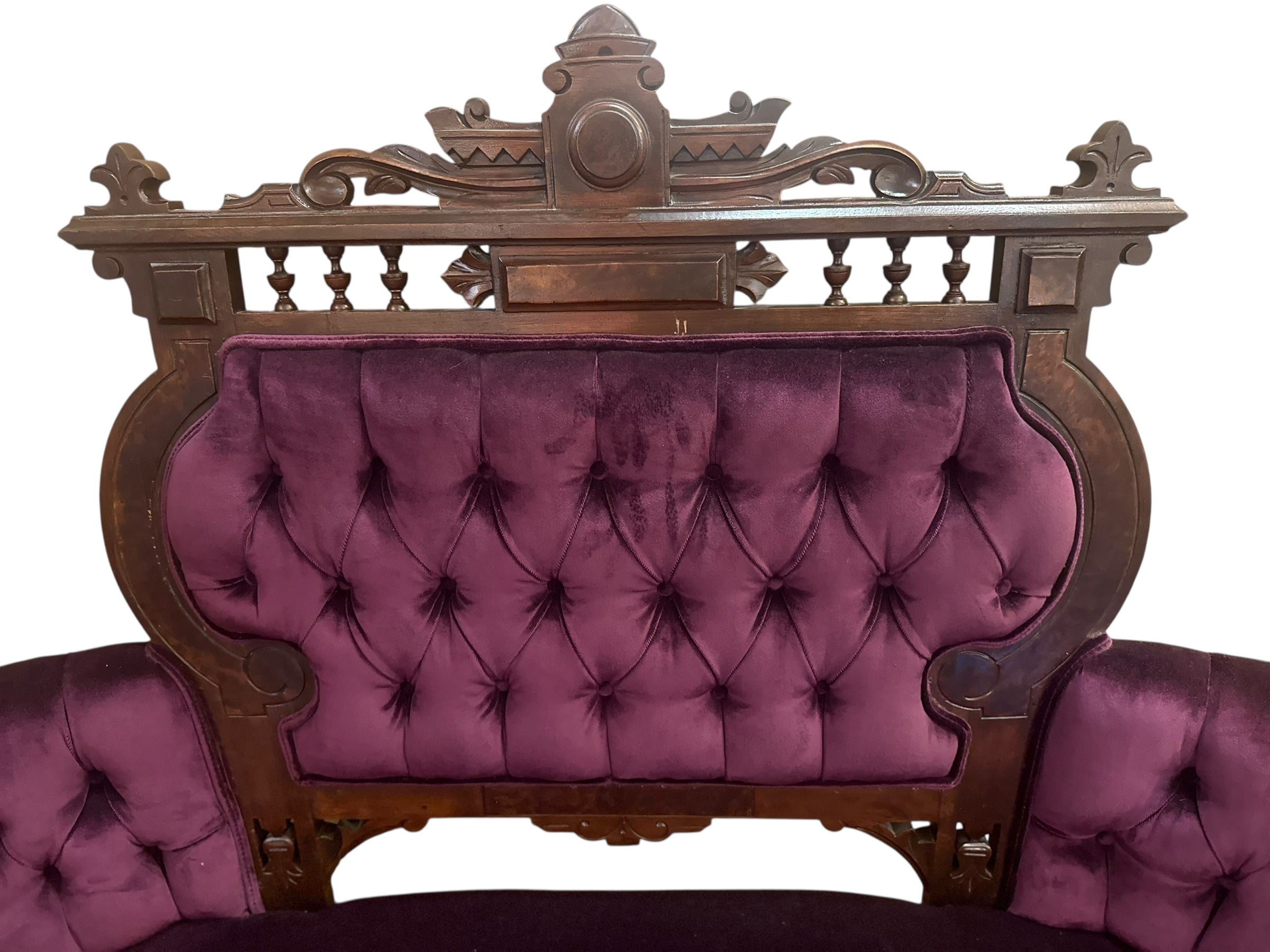 Antique Victorian Eastlake Style 3 Piece Carved Ornate Parlor Set Newly Reupholstered in a Purple Velvet