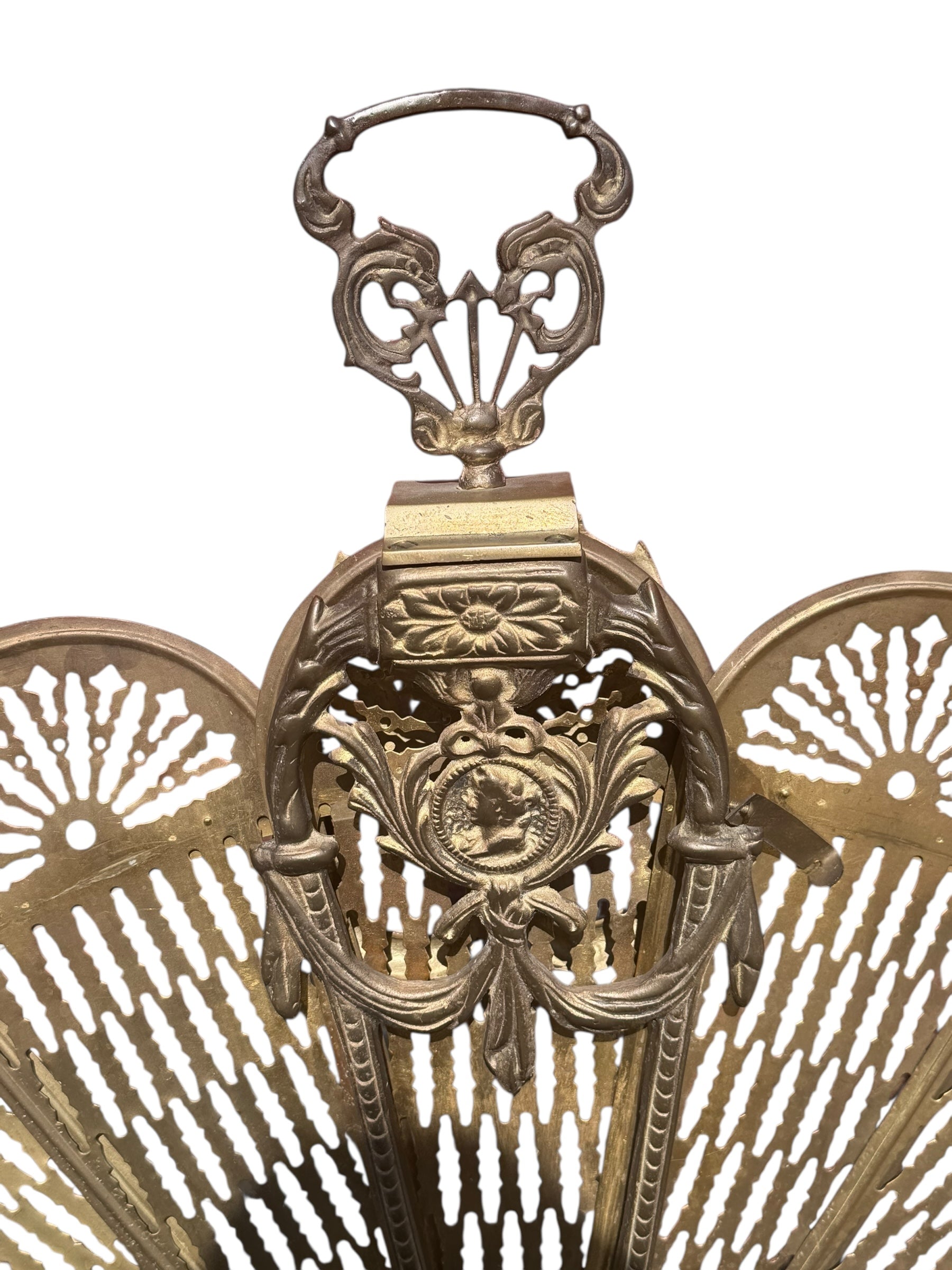 Antique Victorian Style Brass Peacock Fan Style Fireplace Screen