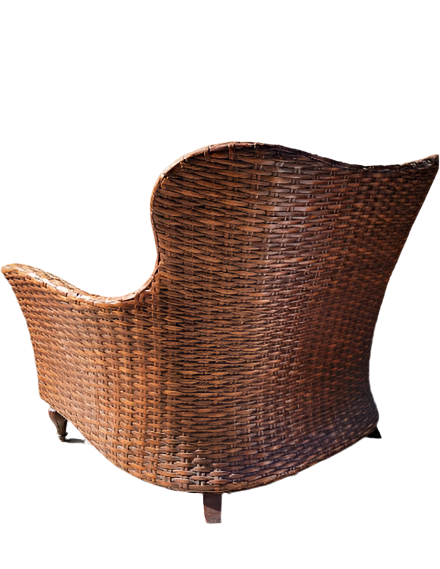 Vintage Arched Camel Back Flare Arm Wicker Lounge Settee Newly Upholstered Pillow in Boucle
