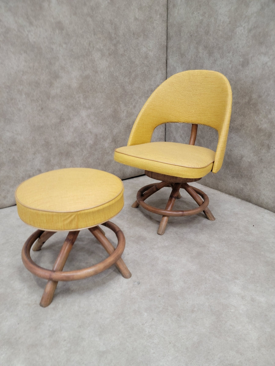 Mid Century Modern Saarinen Style Rattan Swivel Base Chair and Ottoman - 2 Piece Set