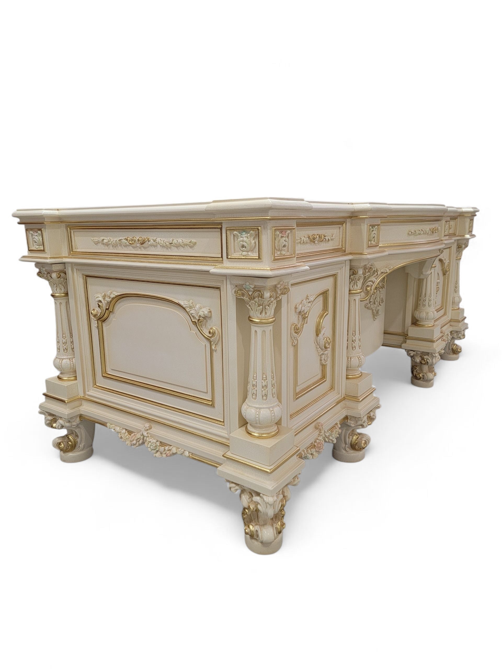 Vintage Custom Venetian Antique Rococo Style Antique White Carved Executive Desk
