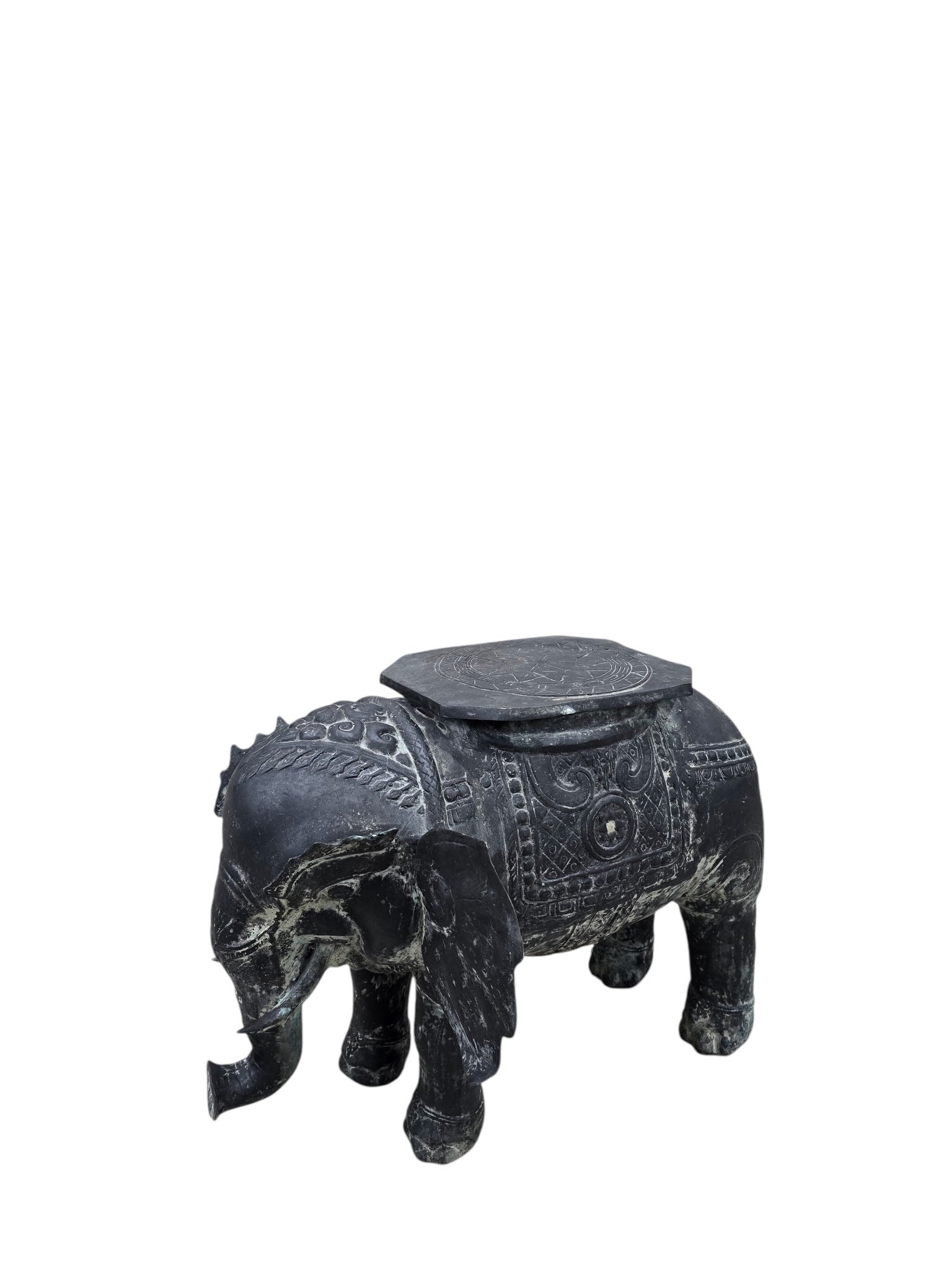 Antique Balinese Hammered Bronze Saddled Elephant Side Table