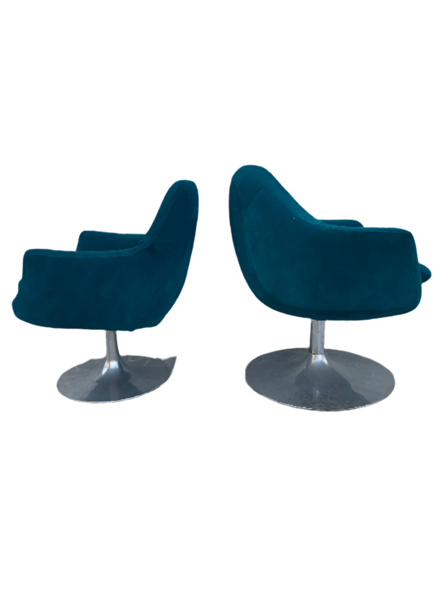 Mid Century Modern Aluminum Swivel Tulip Base Side Chairs Newly Upholstered in Teal Suede - Set of 2