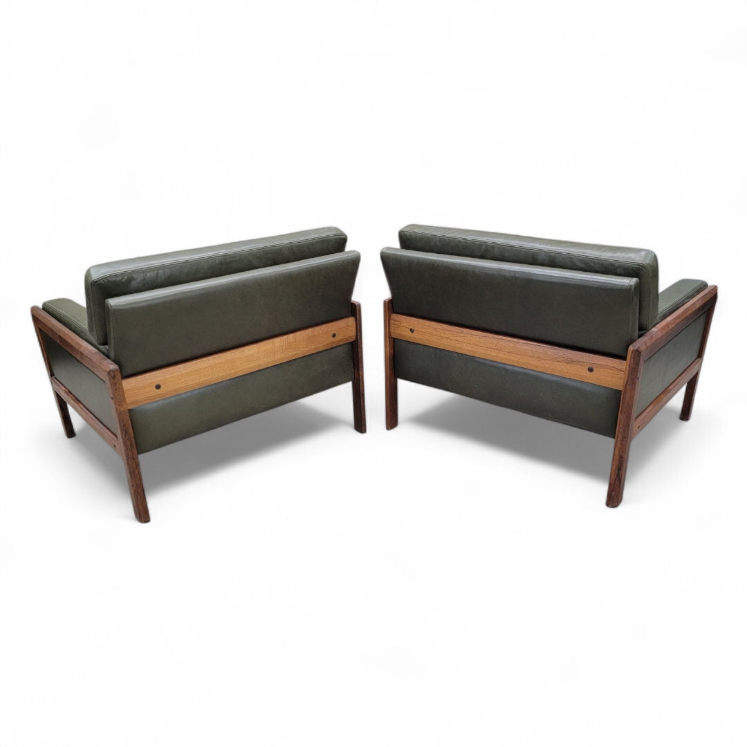 New - Mid Century Danish Modern Vatne Mobler Teak Frame Sofa & Club Chairs Newly Upholstered in Italian Hunter Green Leather