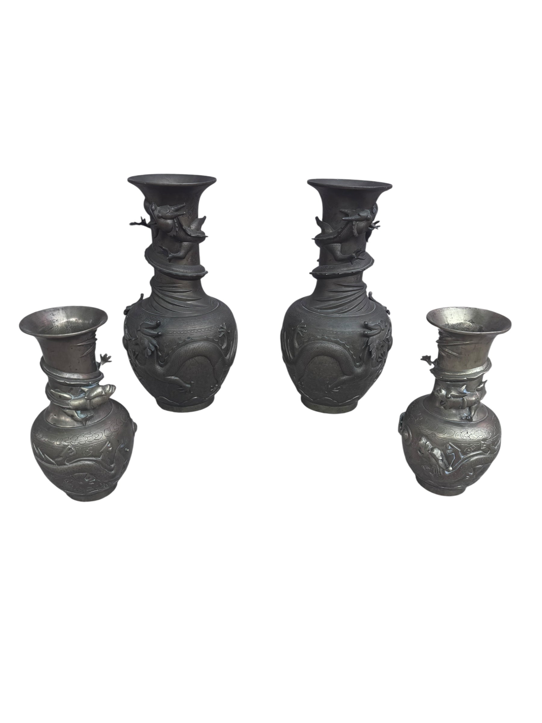 Antique Signed Asian Bronze Dragon Vase - Pair