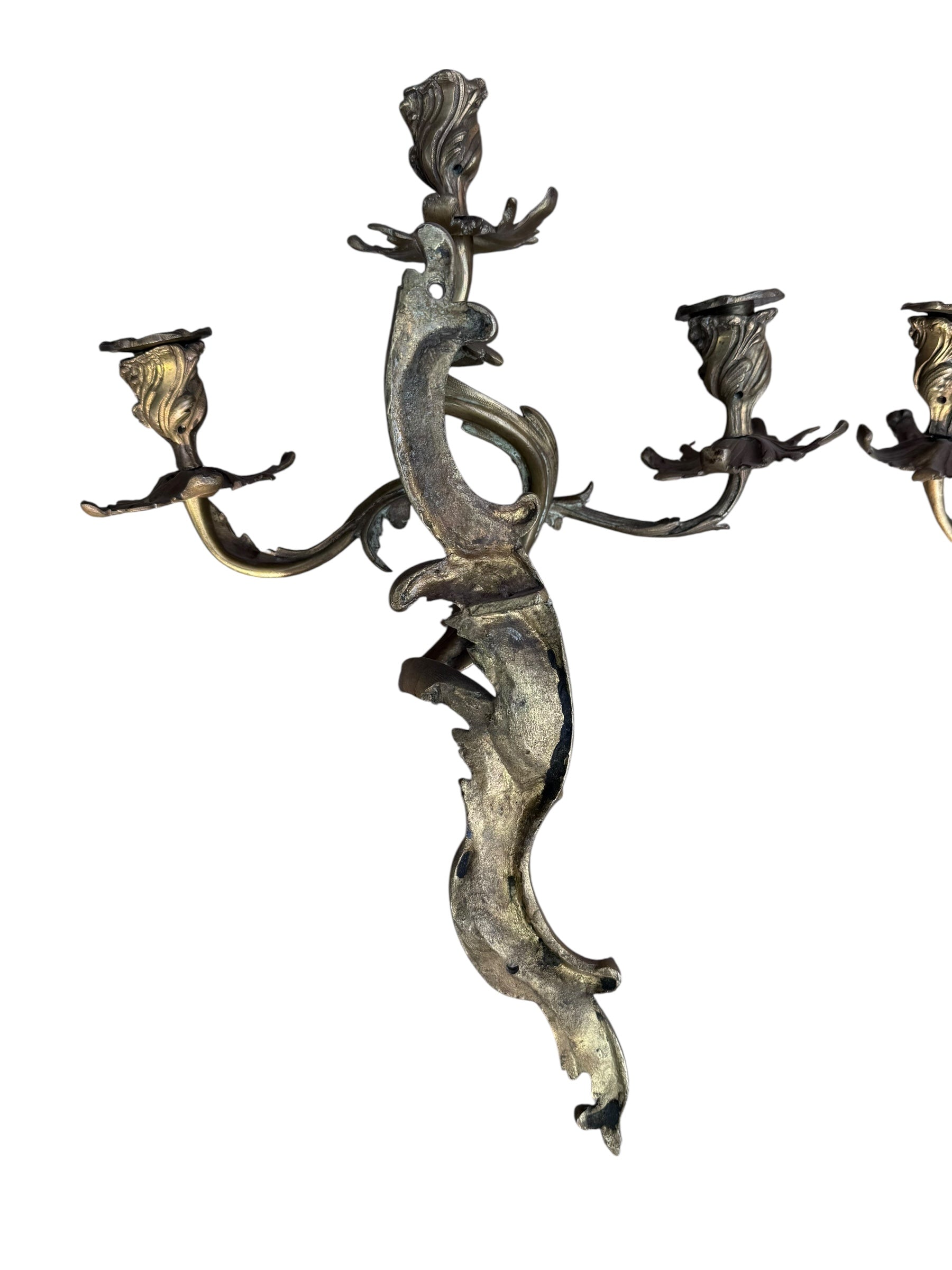 Antique French Louis XV Style Three Light Bronze Wall Candle Sconces - Pair