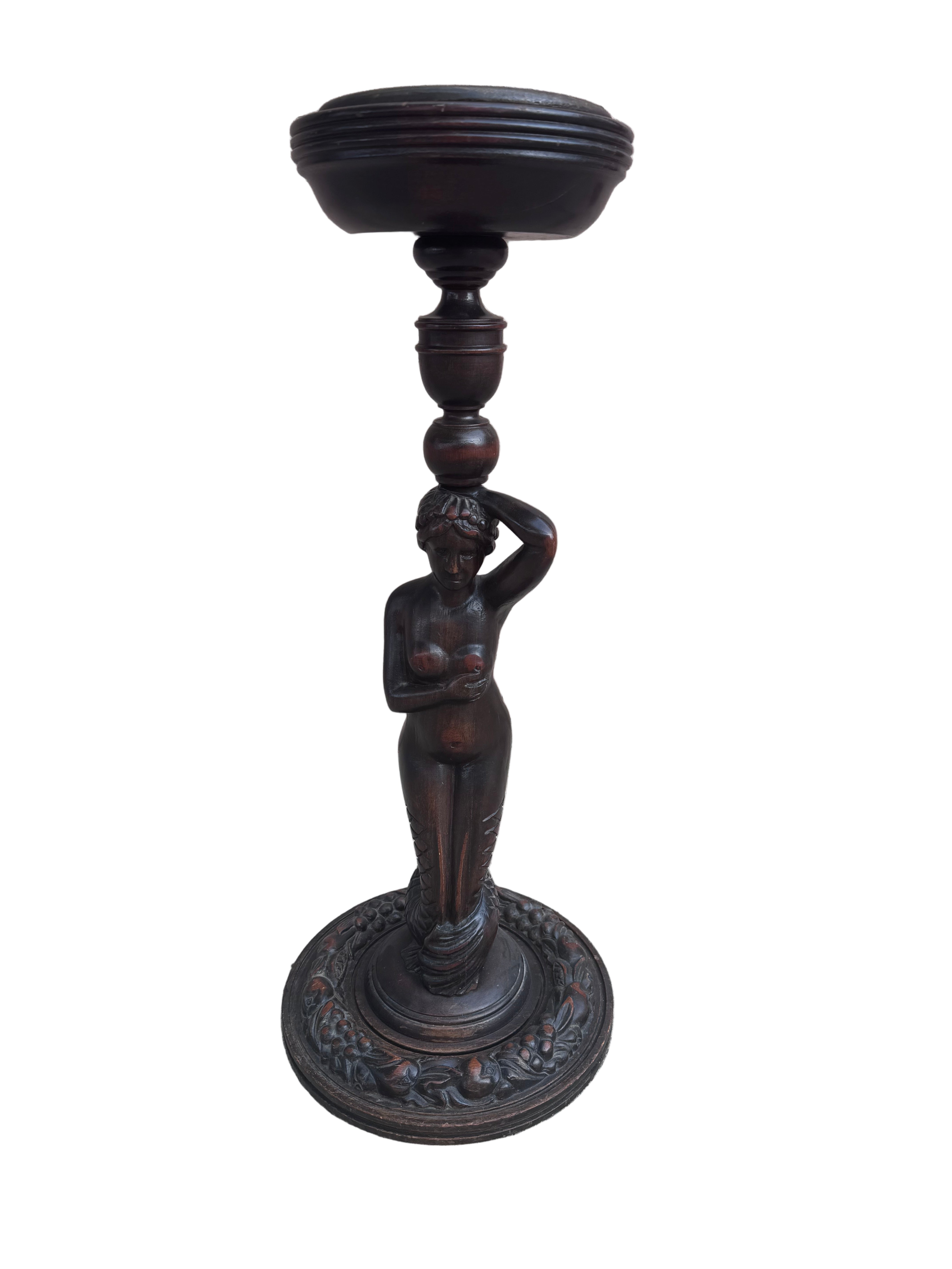 Antique Art Nouveau Style Carved Mahogany Mermaid Foor Ashtray Smoking Stand