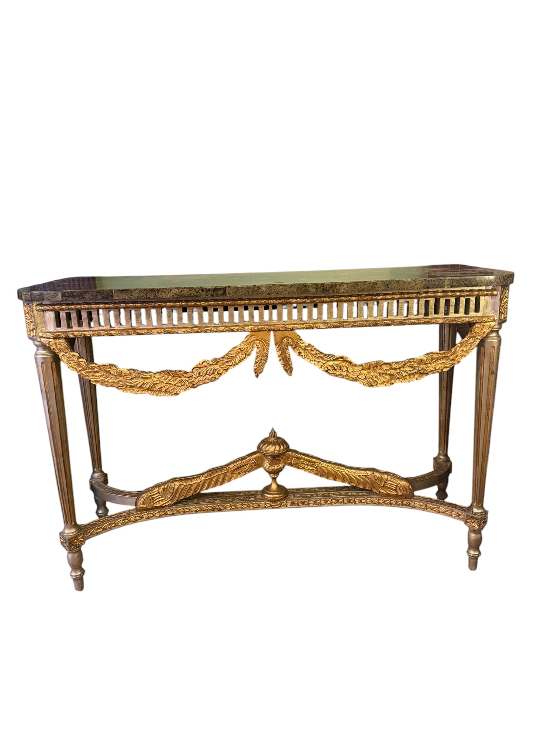 Vintage Neoclassical Style Hall Table with Faux Green Marble Top