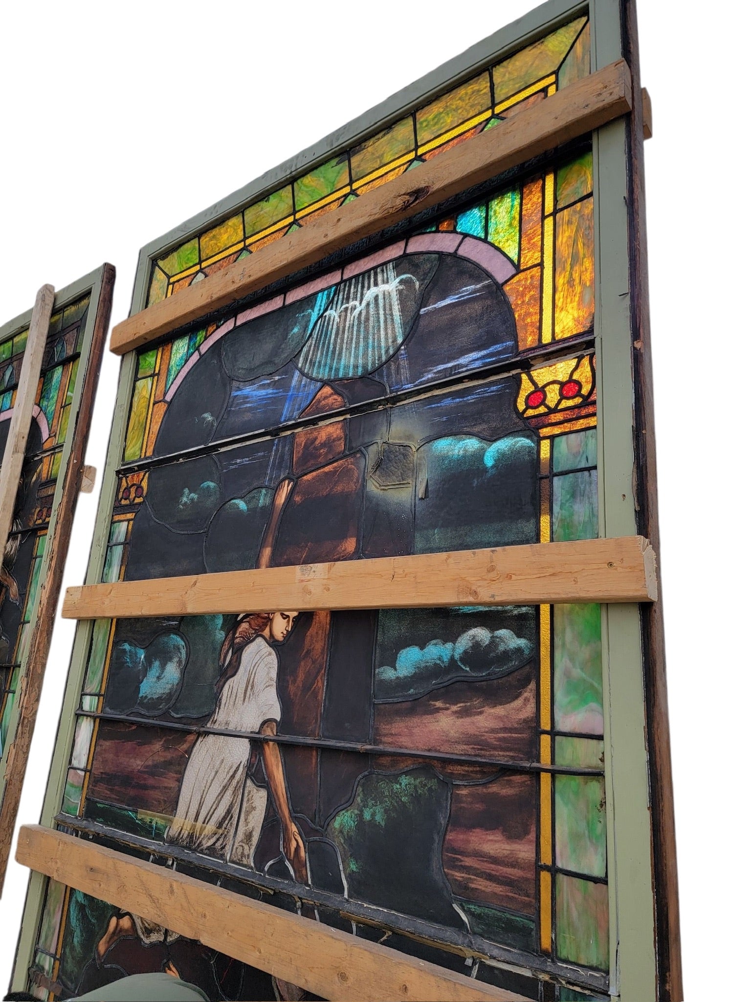 Antique Monumental Tiffany Style Salvaged “Heaven” Stained Glass Window