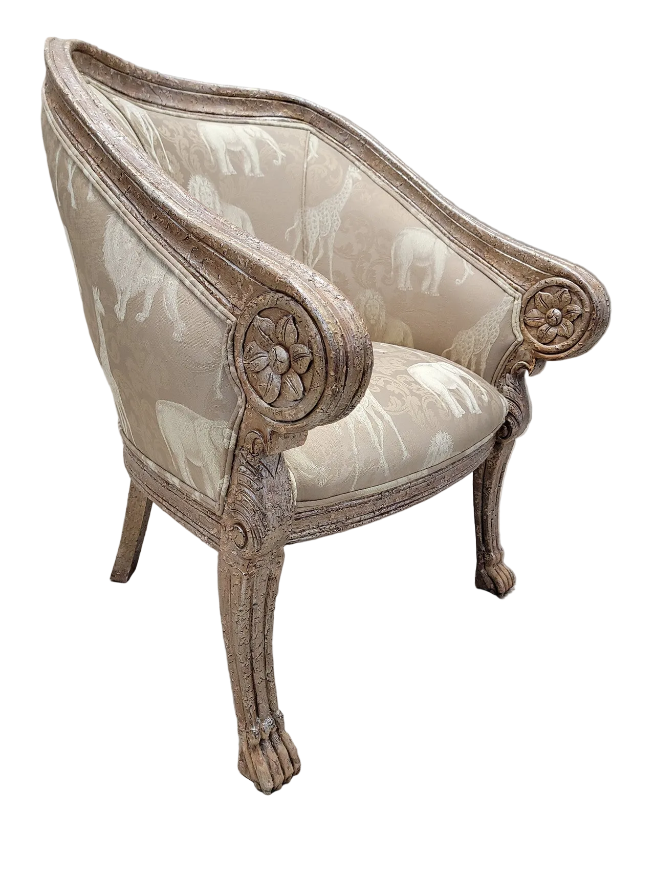Vintage Baroque Safari Fabric  Barrel Back Accent Lounge Chair
