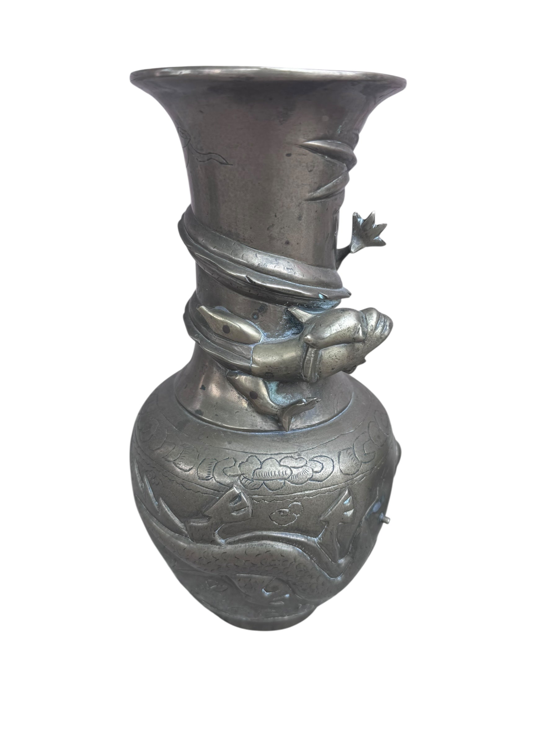 Antique Chinese Bronze Royal Dragons Sculpted Vase - Pair